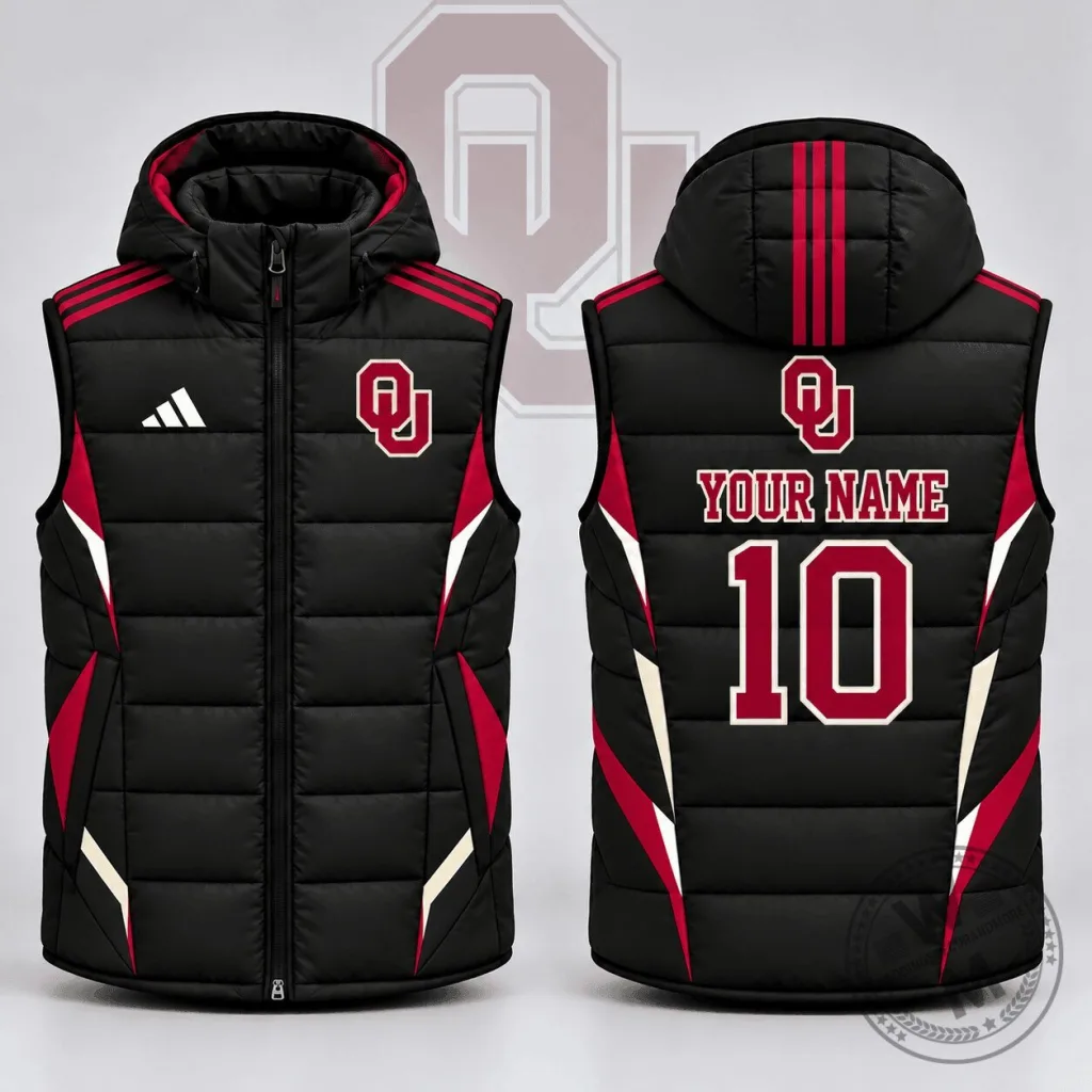 Oklahoma Sooners Custom Name Number Puffer Vest NCAA Football Team Apparel Oklahoma Sooners Custom Name Number Puffer Vest NCAA Football Team Apparel