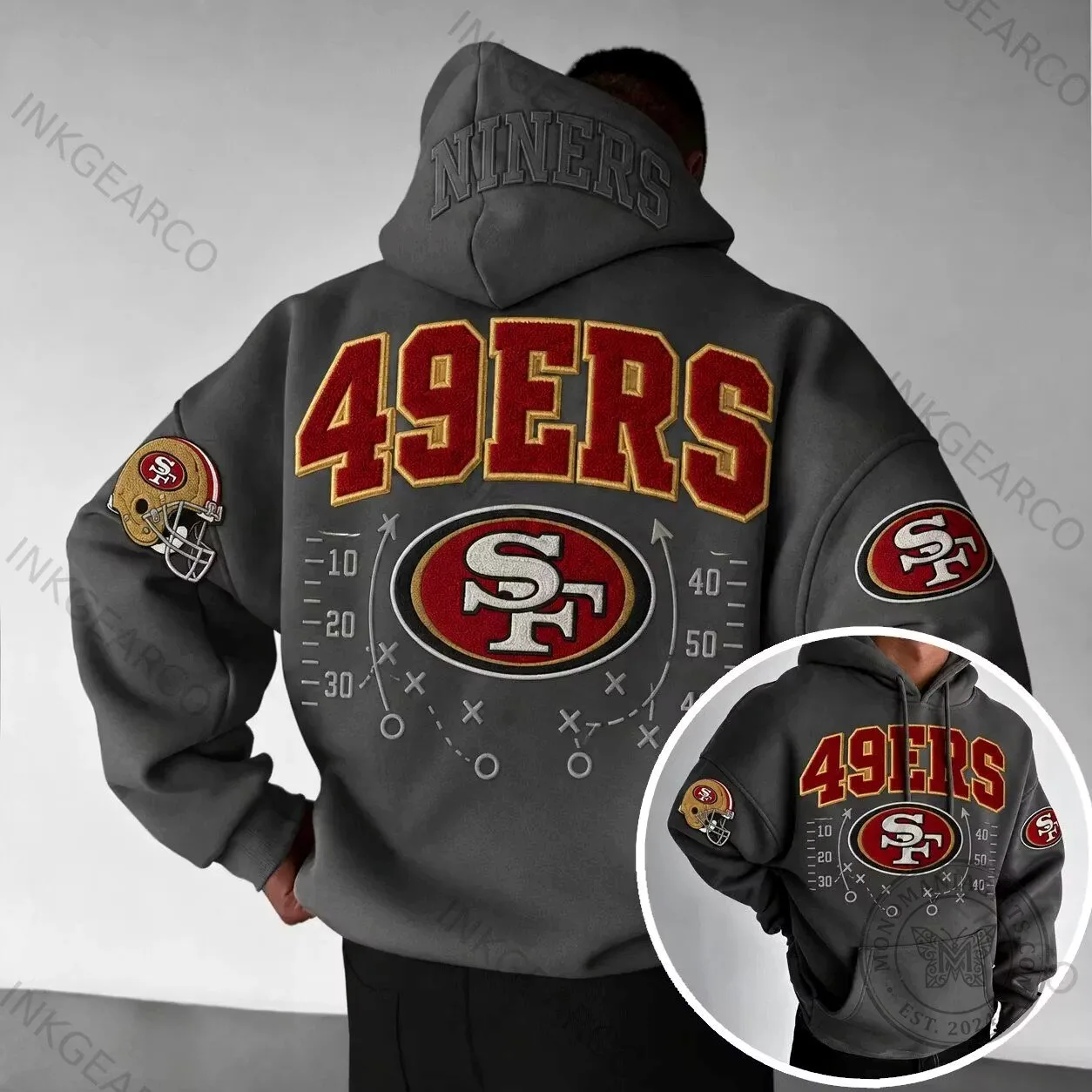 San Francisco 49ers Football Team Gray Hoodie with Helmet Logo