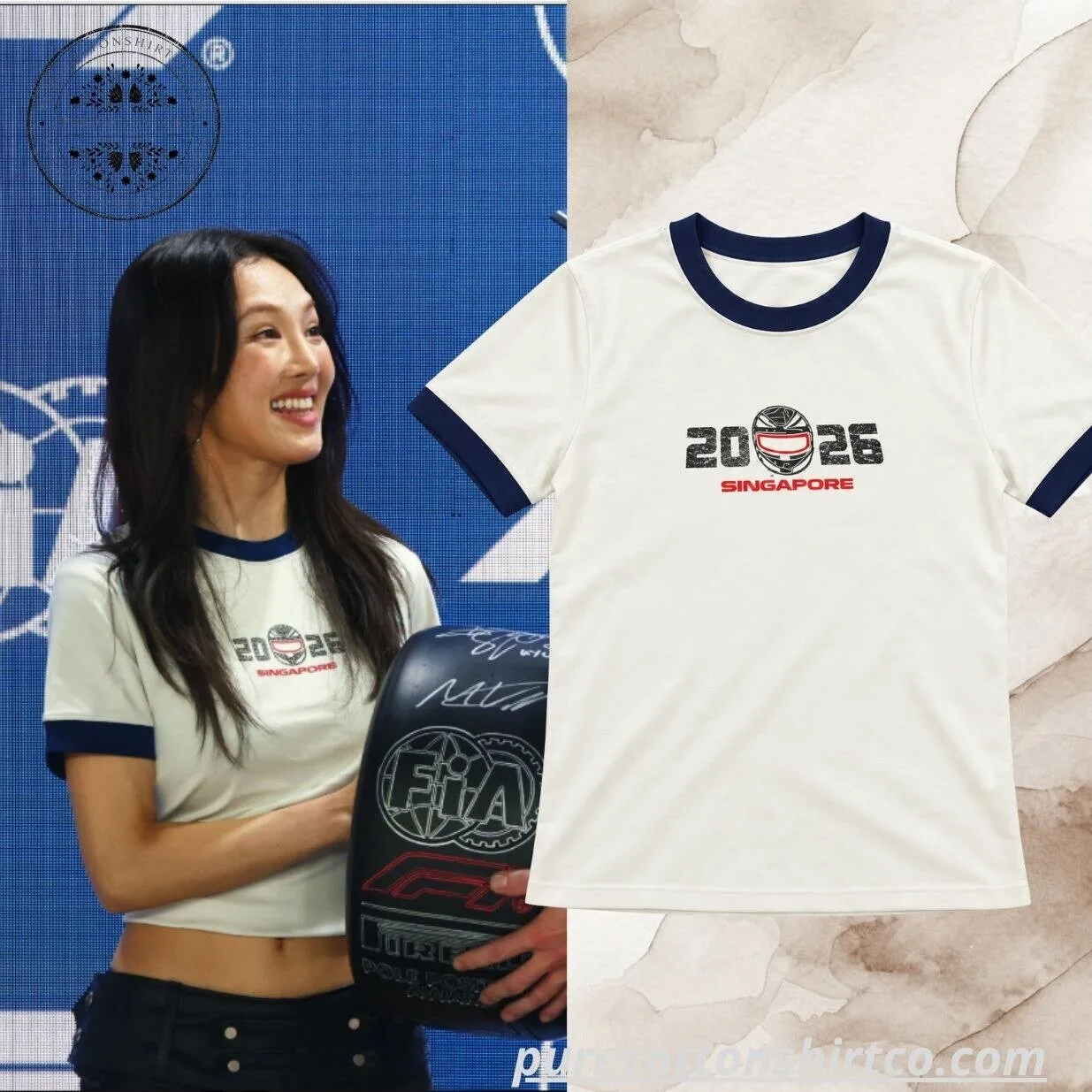 "Top BTS Fashion: Must-Have Long Sleeves and Trendy Accessories" 5 JingJing Yu Rhinestones Helmet Icon Beige Ringer Tee - Formula 1