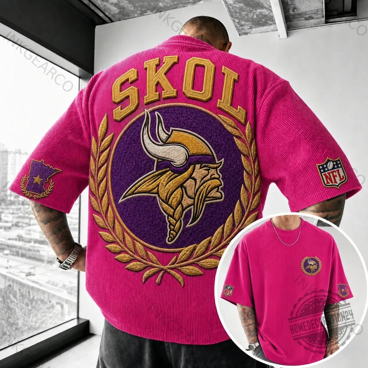 Minnesota Vikings Skol Embroidered Corduroy Oversized Short Sleeve T-Shirt