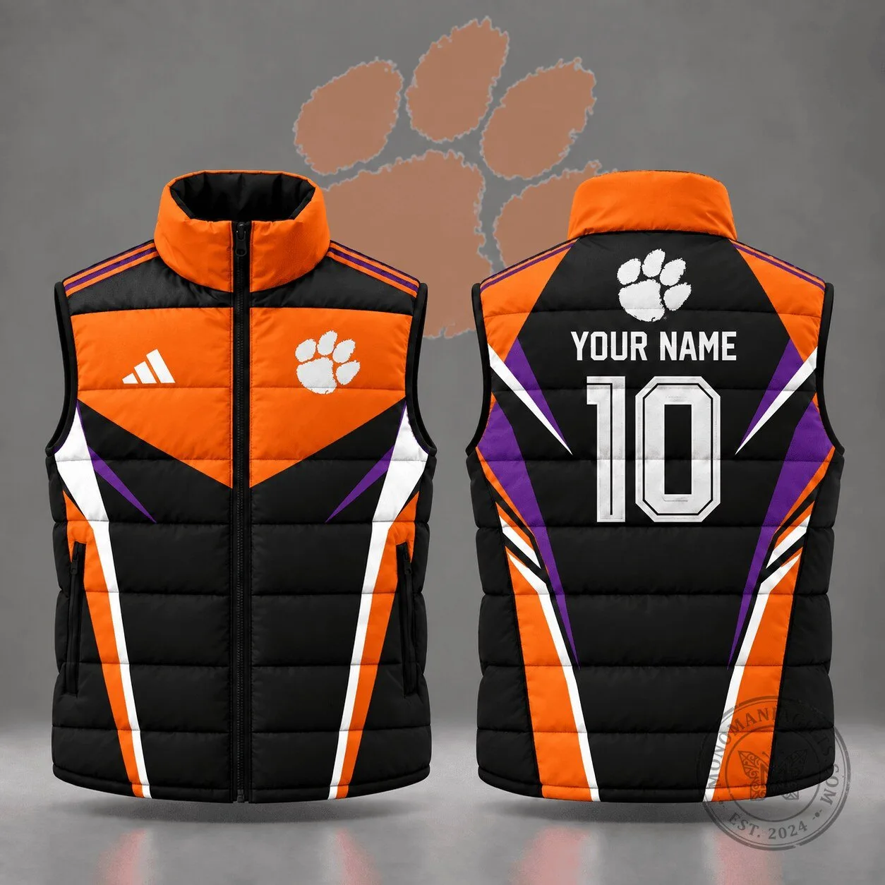 Clemson Tigers Custom Name Number Geometric Colorblock Full Zip Puffer Vest