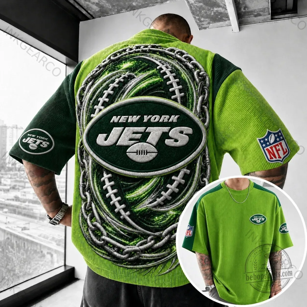 New York Jets NFL Football Team Logo Green Corduroy Short-Sleeve Shirt