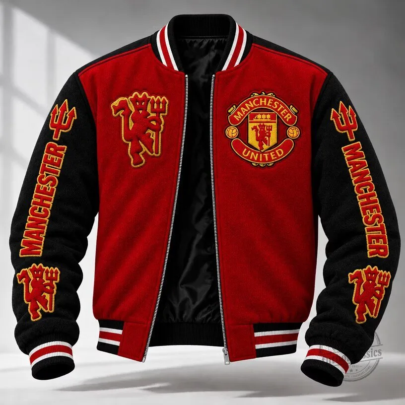 Manchester United Football Club Red And Black Colorblock Varsity Jacket