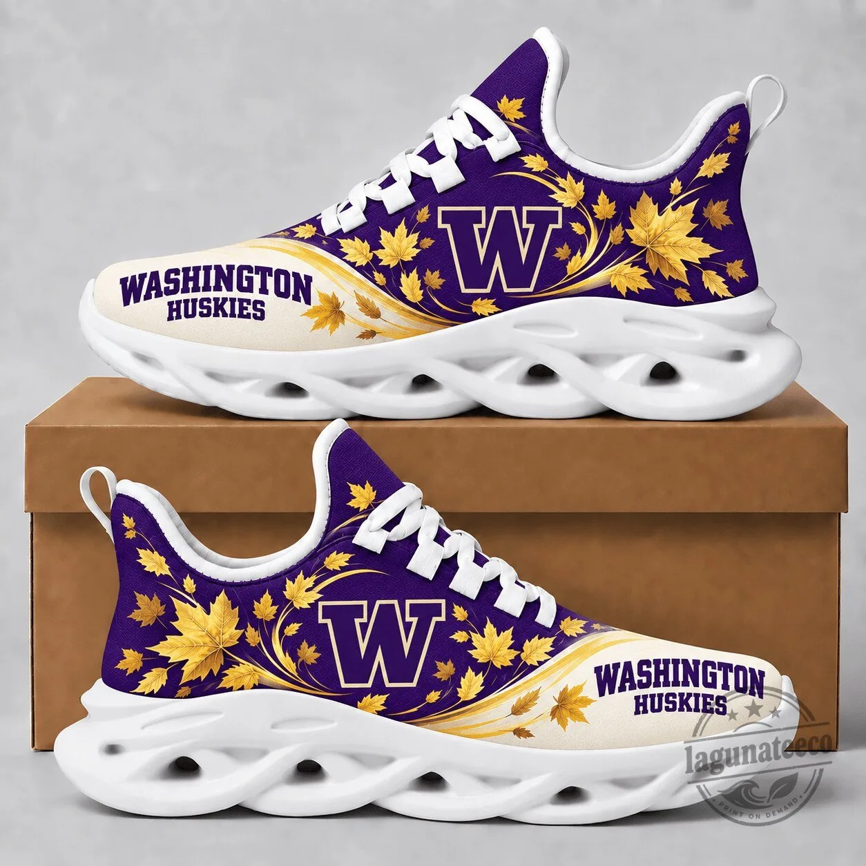 Washington Huskies Autumn Maple Leaves Pattern Athletic Sneakers