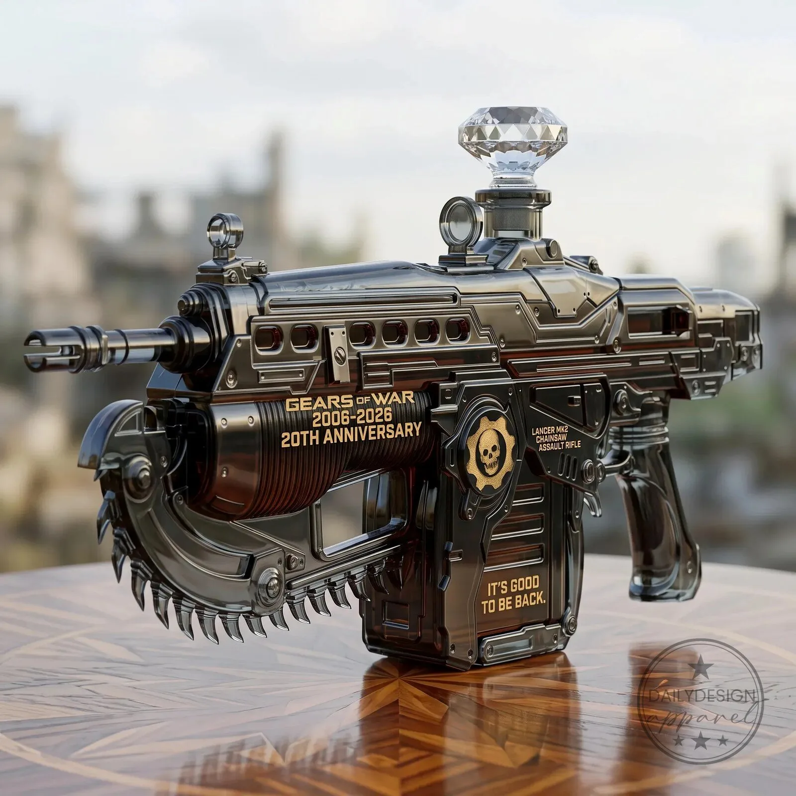 Gears of War Lancer Chainsaw Assault Rifle 20th Anniversary Whiskey Decanter