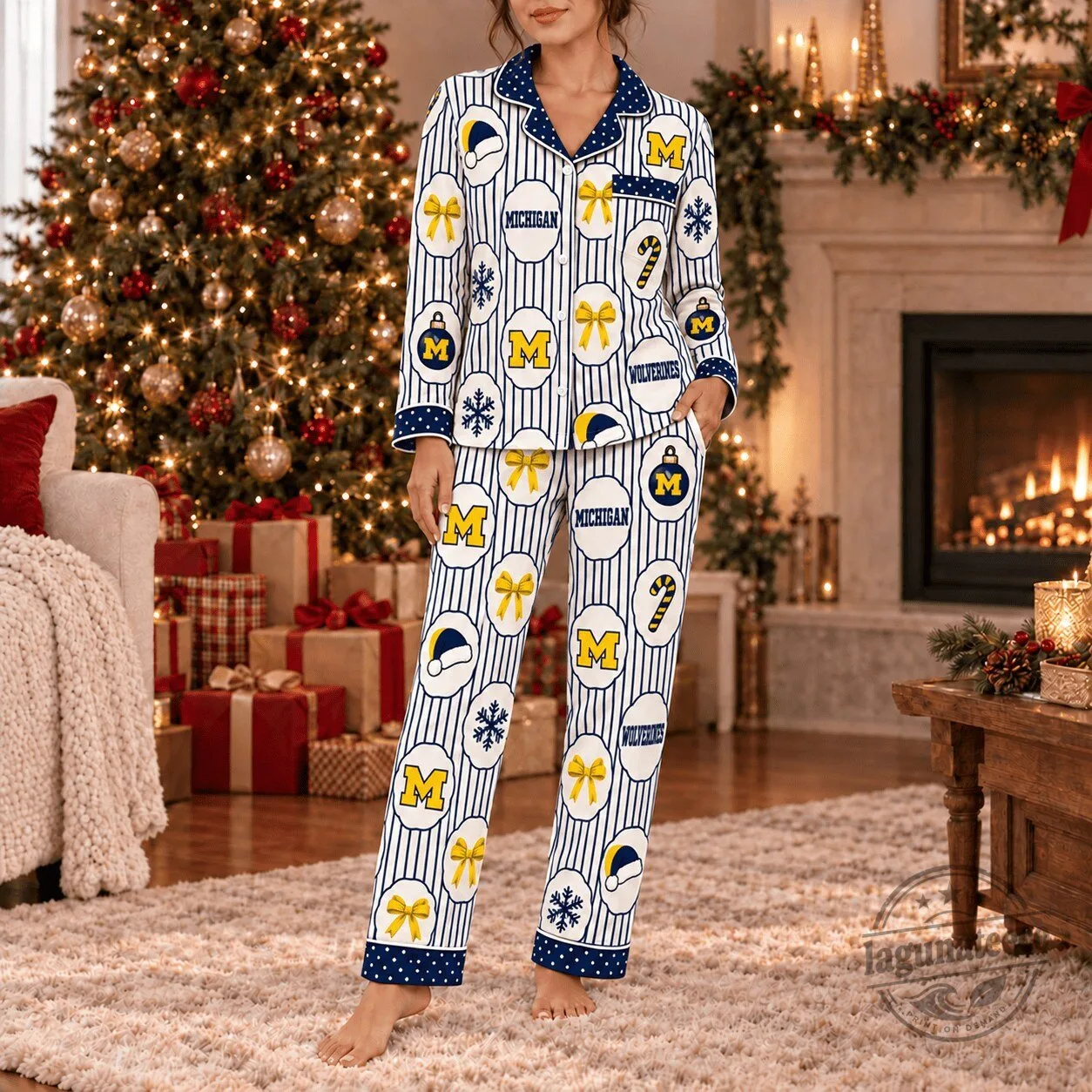 Michigan Wolverines Christmas Holiday Striped Button-Up Pajamas Set