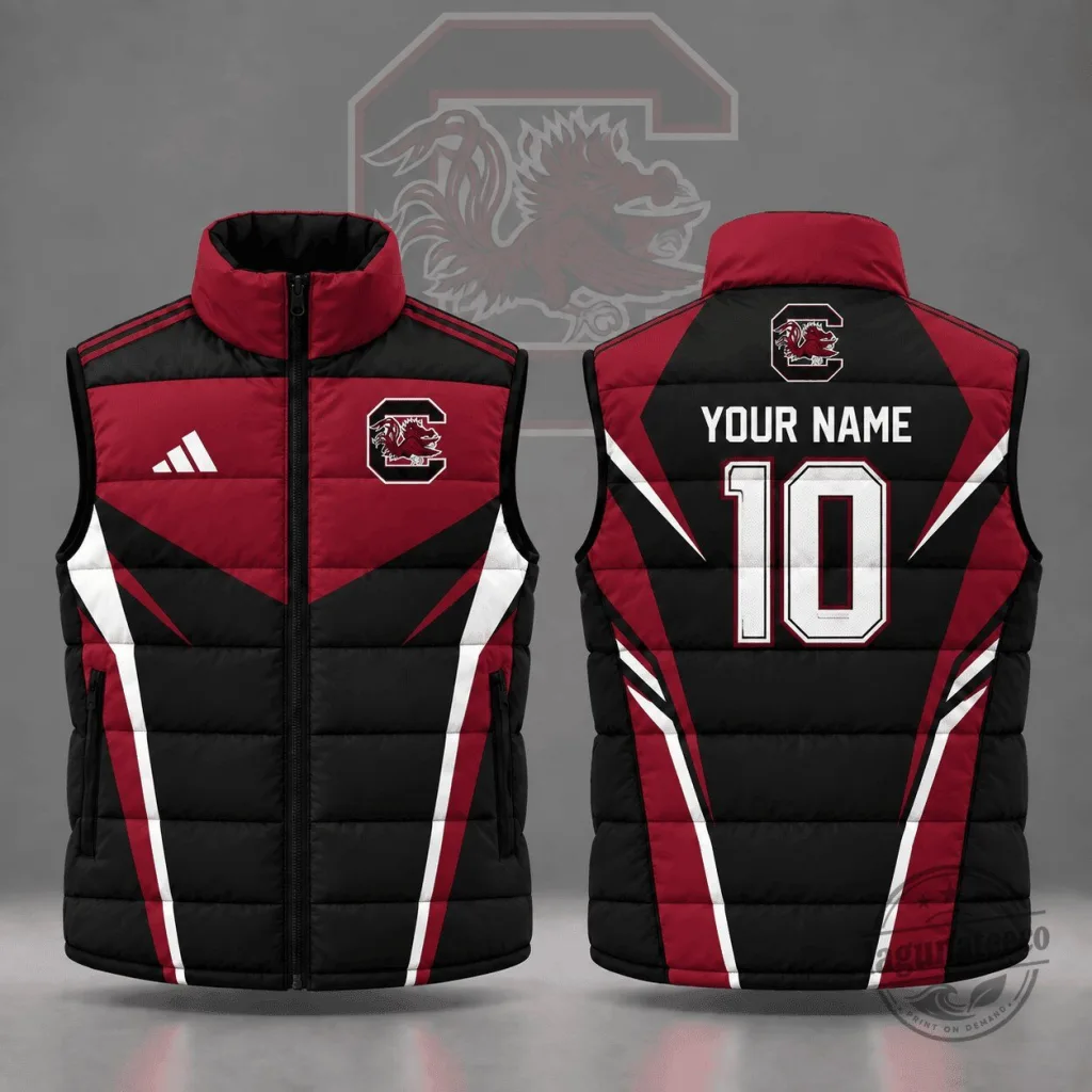 south-carolina-gamecocks-custom-name-number-geometric-colorblock-full-zip-puffer-vest-featured South Carolina Gamecocks Custom Name Number Geometric Colorblock Full Zip Puffer Vest