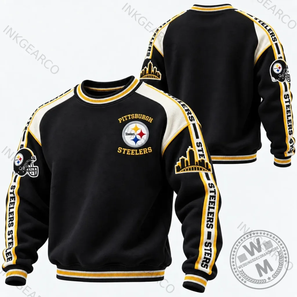 Black and Gold Crewneck Sweatshirt featuring Pittsburgh Steelers NFL Football Team Logo Black and Gold Crewneck Sweatshirt featuring Pittsburgh Steelers NFL Football Team Logo