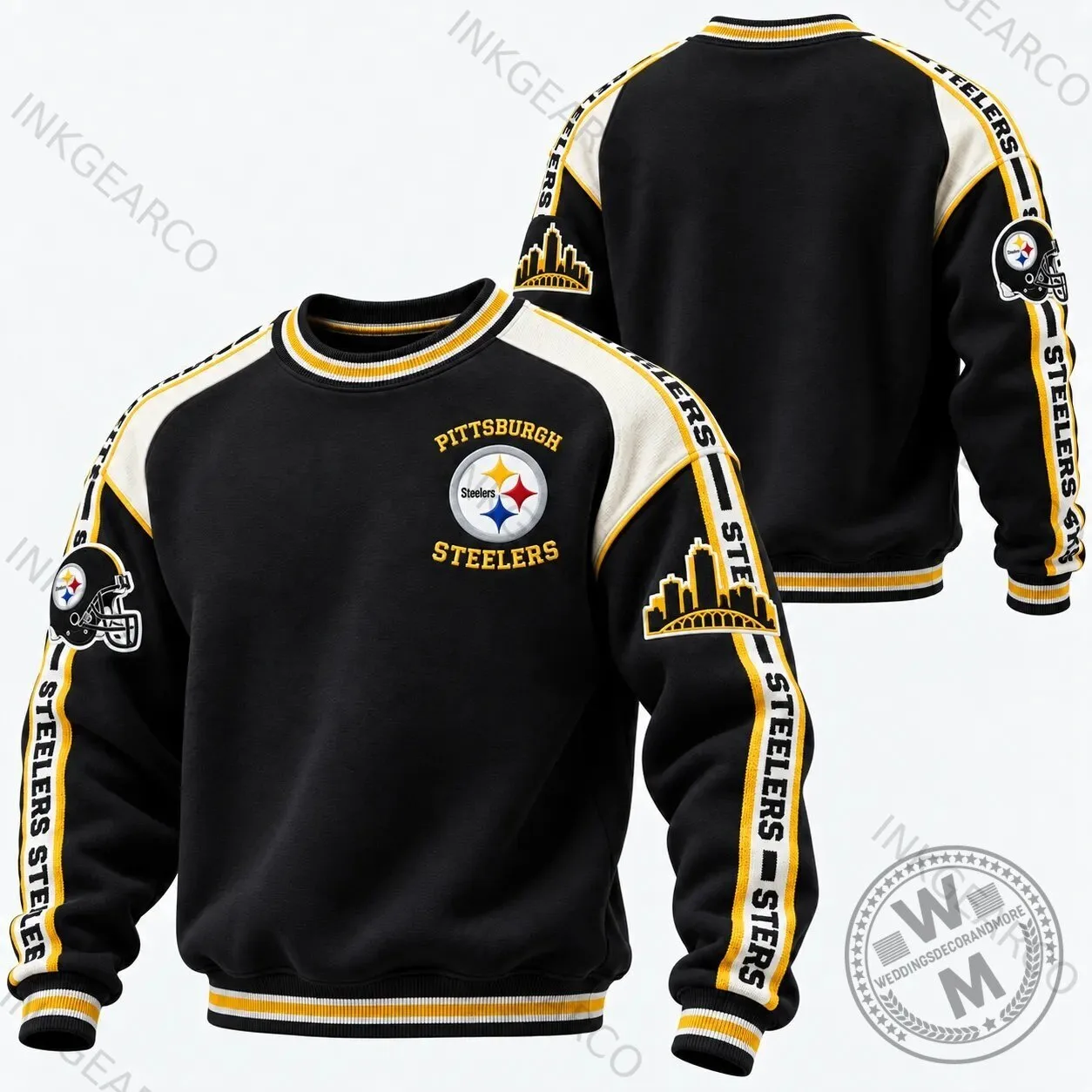 Black and Gold Crewneck Sweatshirt featuring Pittsburgh Steelers NFL Football Team Logo