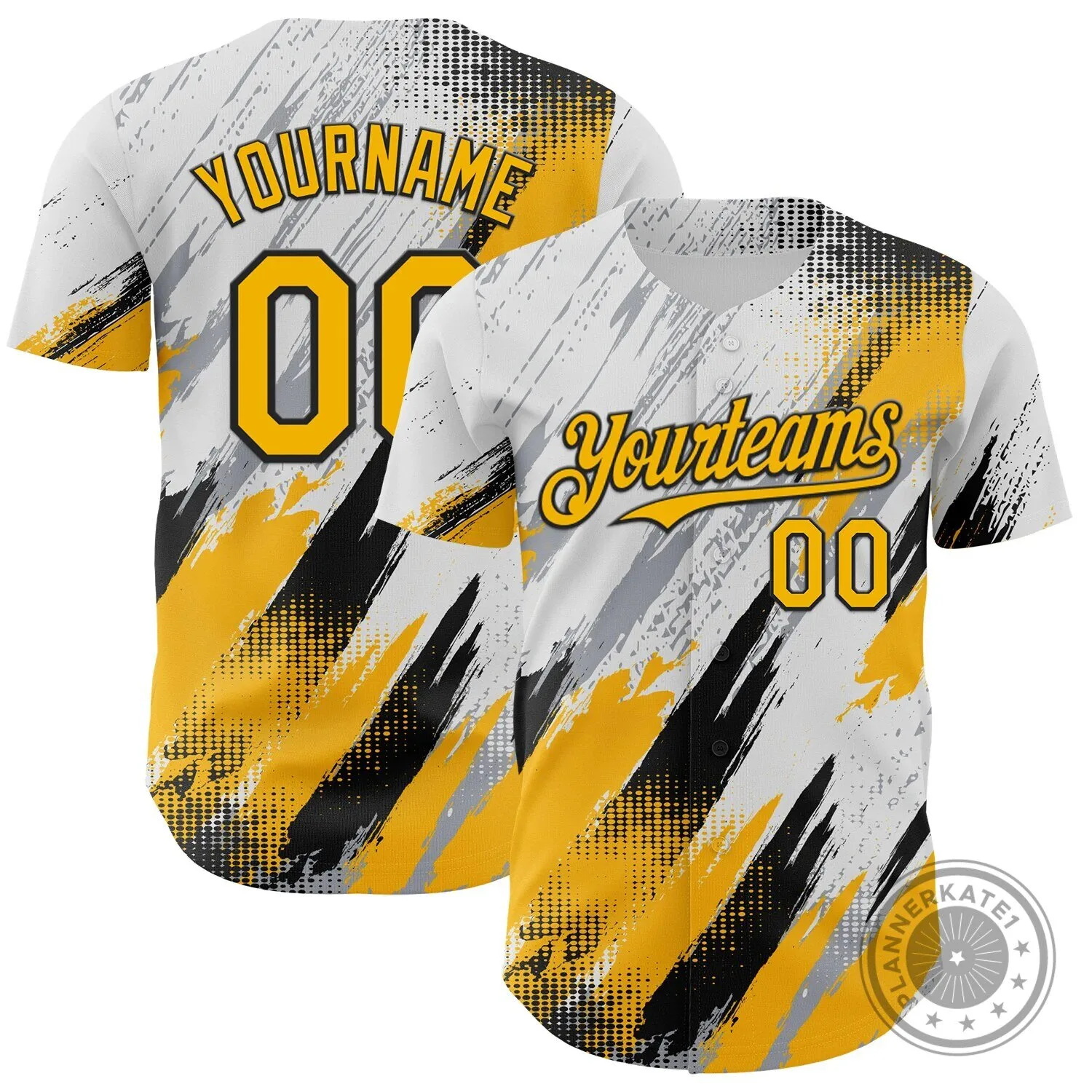 Custom White Gold Gray Black Diagonal Grunge Brush Stroke Halftone Baseball Jersey
