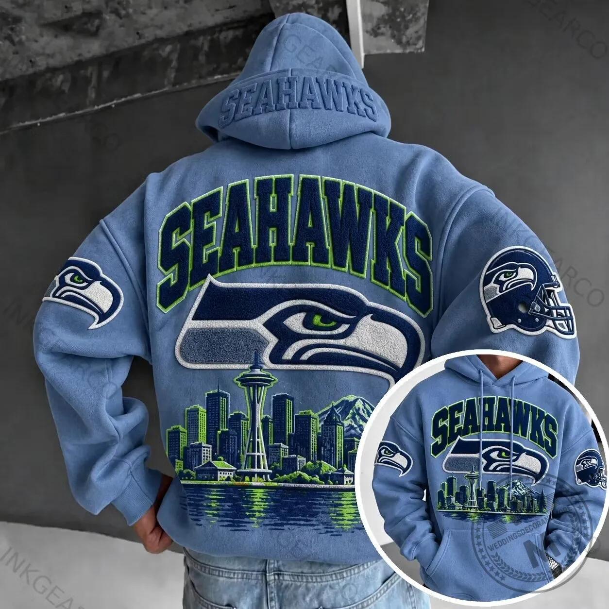 Seattle Seahawks Football Team Cityscape Design Embroidered Hoodie