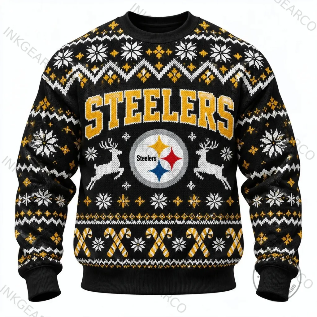 Pittsburgh Steelers Ugly Christmas Reindeer Candy Cane Pattern Sweatshirt Pittsburgh Steelers Ugly Christmas Reindeer Candy Cane Pattern Sweatshirt