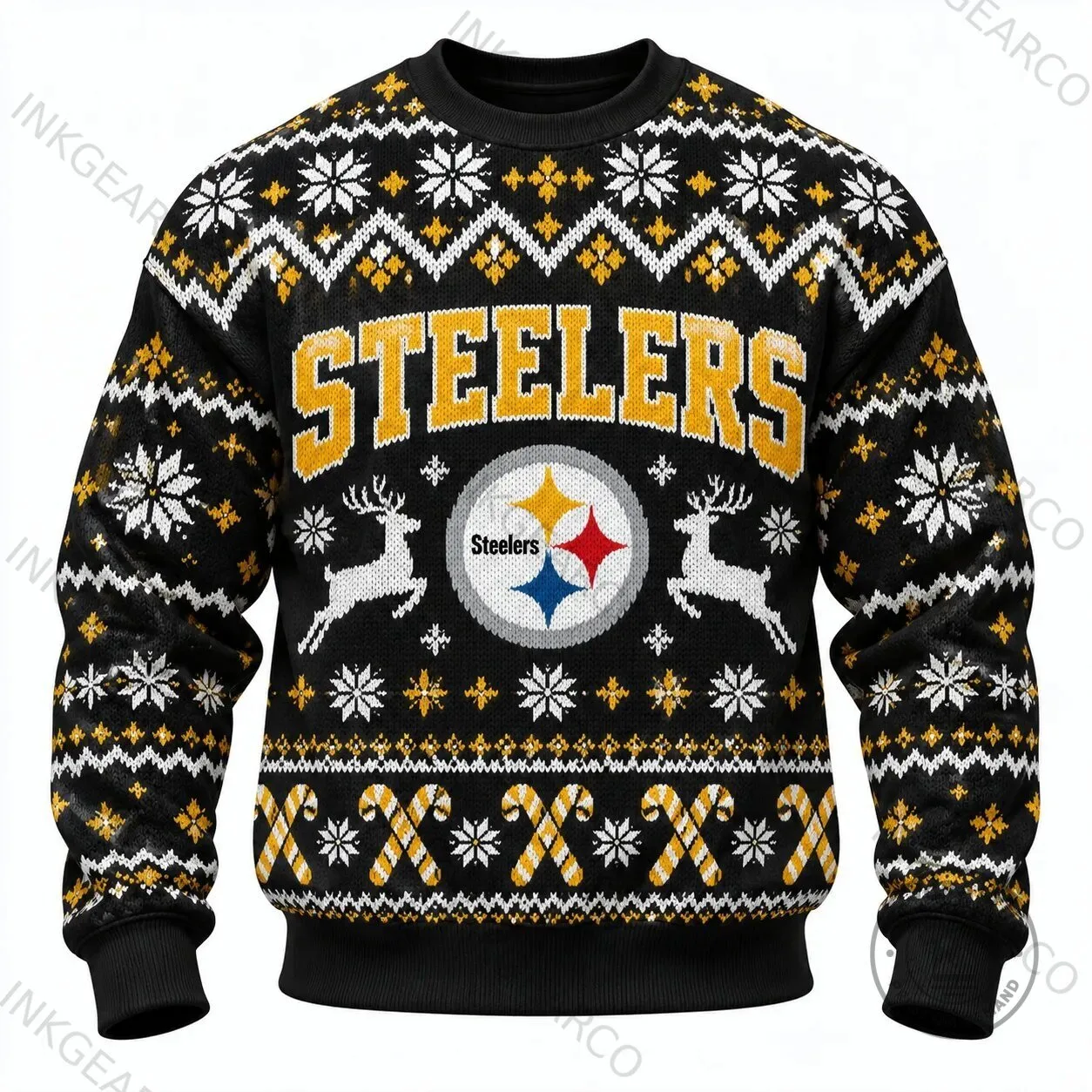 Pittsburgh Steelers Ugly Christmas Reindeer Candy Cane Pattern Sweatshirt