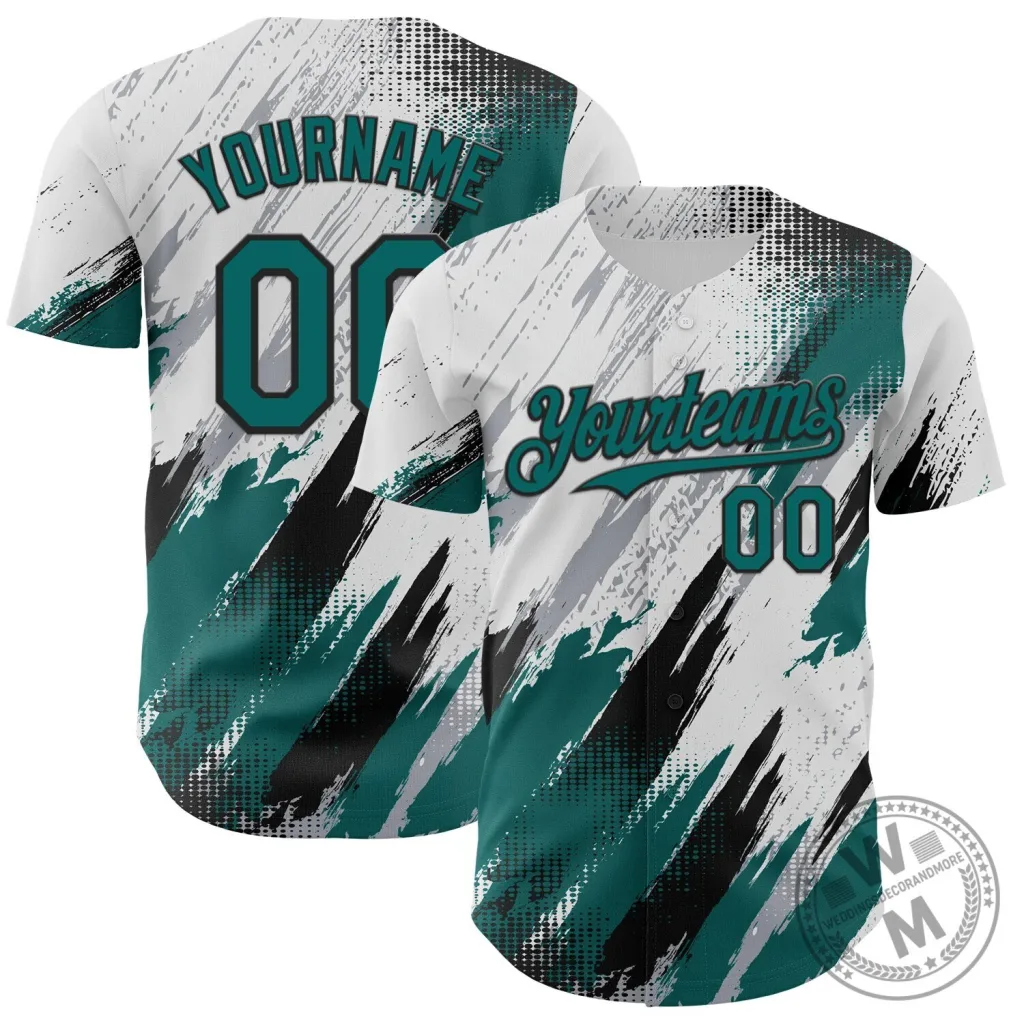 Custom White Teal Gray Black Diagonal Grunge Brush Stroke Halftone Baseball Jersey Custom White Teal Gray Black Diagonal Grunge Brush Stroke Halftone Baseball Jersey