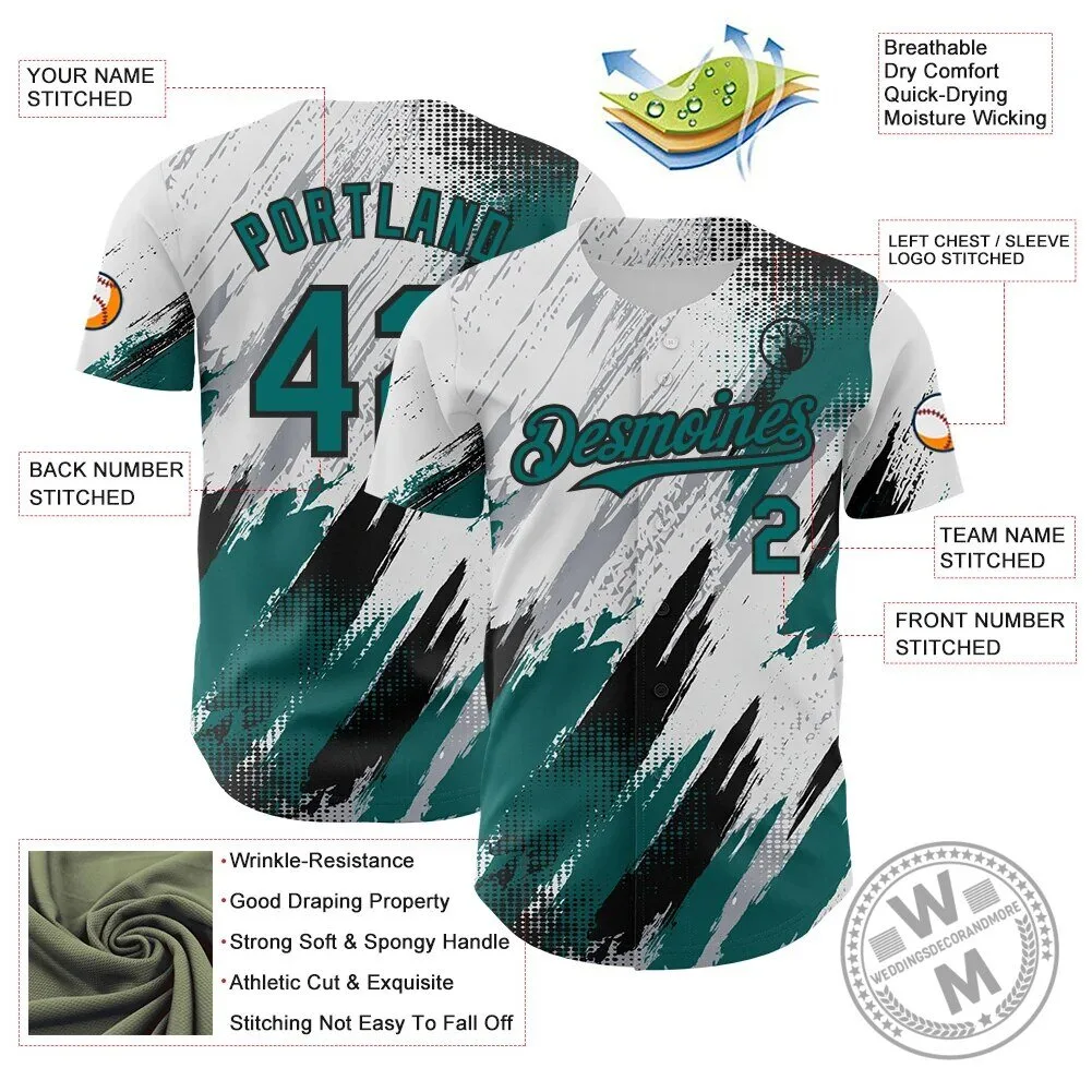 Custom White Teal Gray Black Diagonal Grunge Brush Stroke Halftone Baseball Jersey 7 Custom White Teal Gray Black Diagonal Grunge Brush Stroke Halftone Baseball Jersey