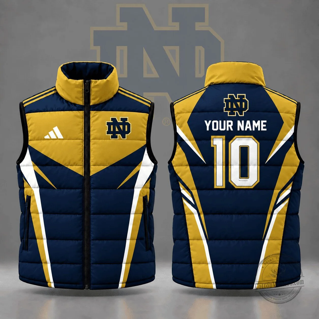 Notre Dame Fighting Irish Custom Name Number Geometric Colorblock Puffer Vest