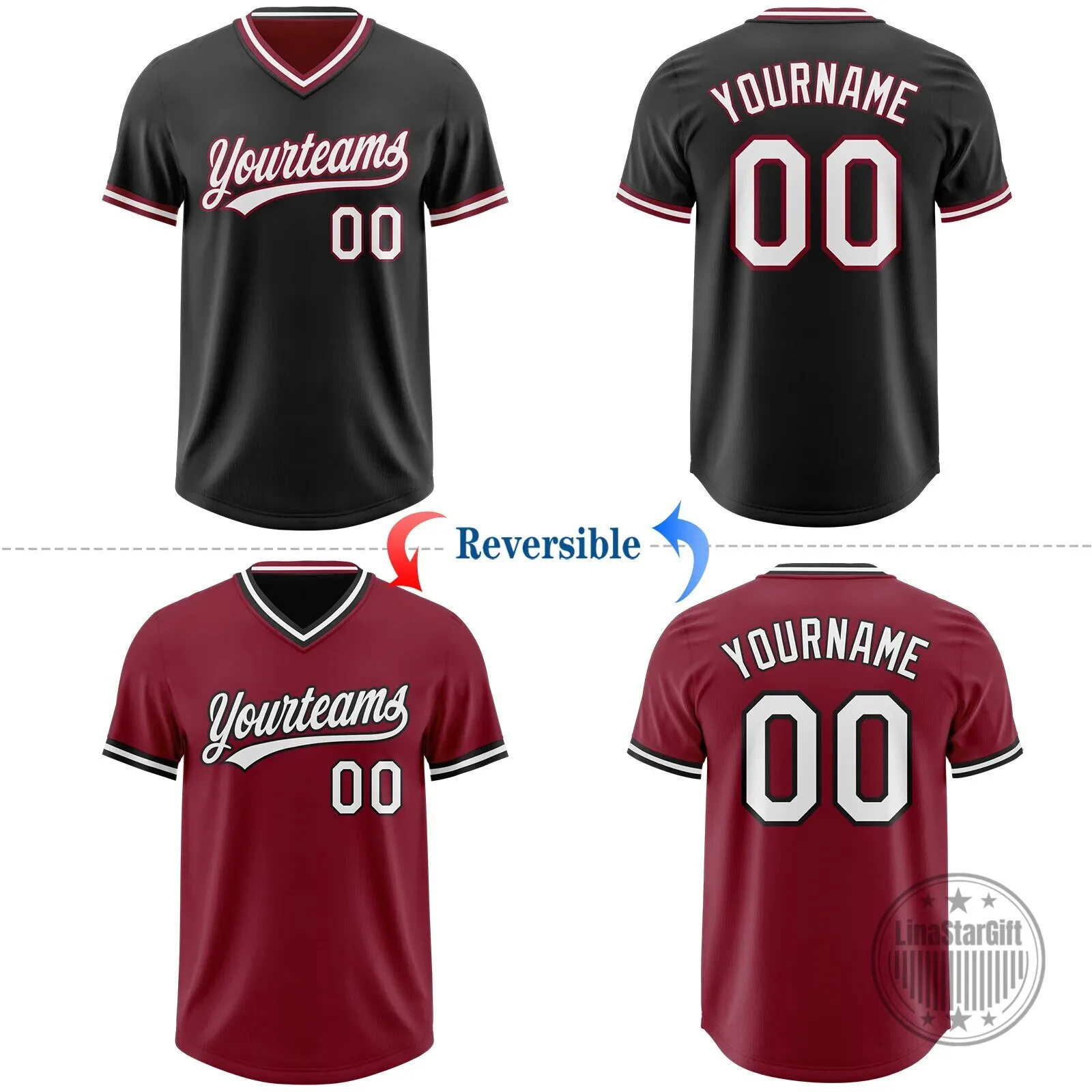 Custom Black and Crimson Reversible Pullover Baseball Jersey with Yourteams Design 8 Custom Black and Crimson Reversible Pullover Baseball Jersey with Yourteams Design