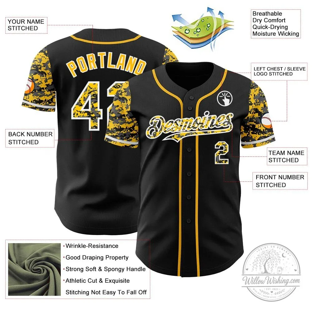 Custom Black Gold Digital Camouflage Two Tone Authentic Baseball Jersey 11 Custom Black Gold Digital Camouflage Two Tone Authentic Baseball Jersey