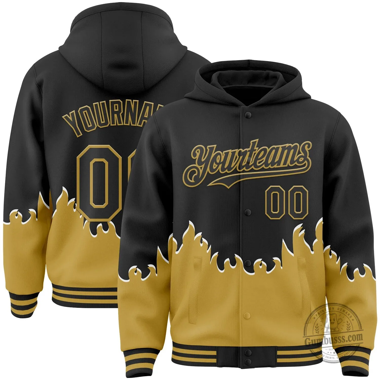 Black and Gold Flame Design Varsity Letterman Hoodie Jacket with Custom Name and Number