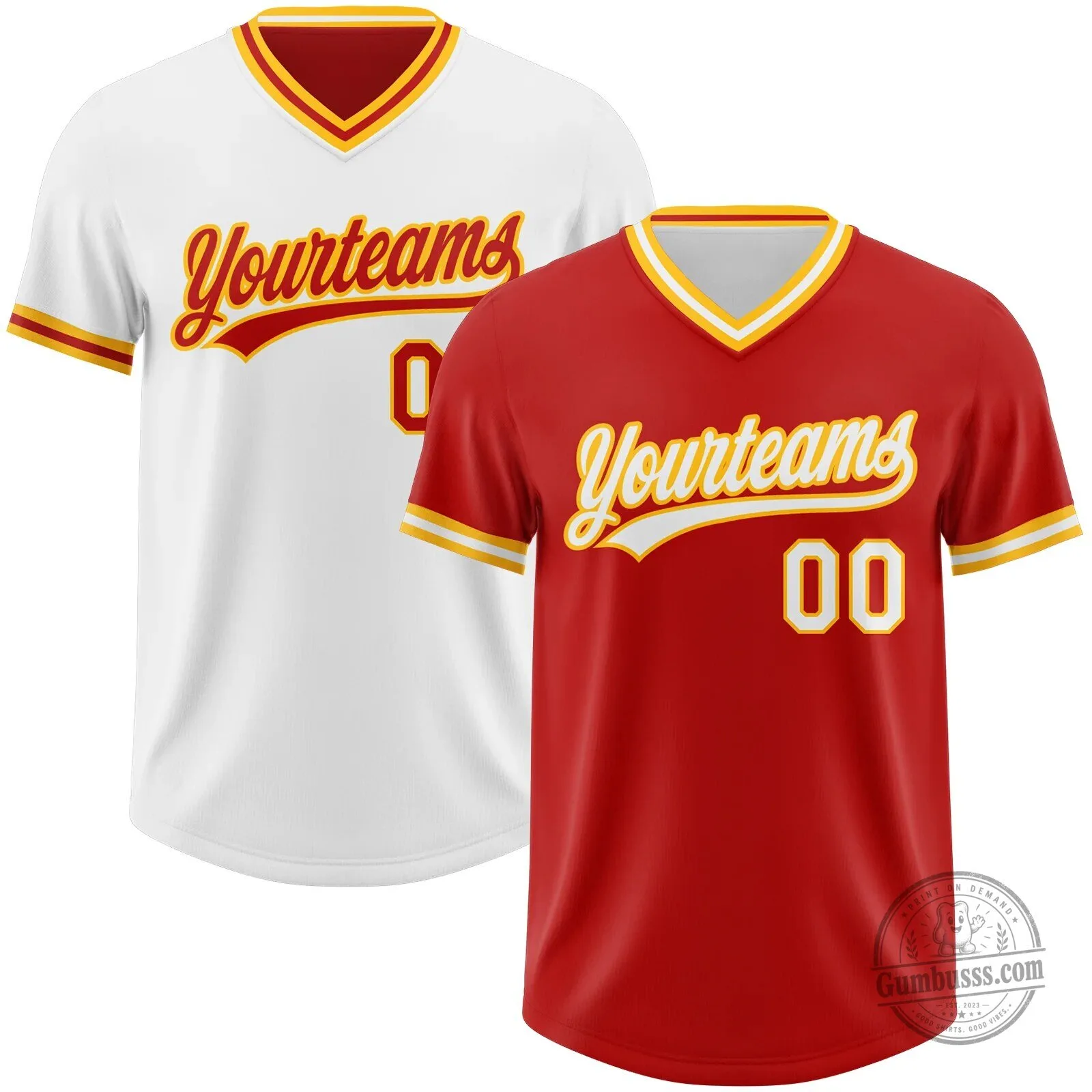 Custom Red White Gold Reversible Baseball Team Jersey with V-Neck Collar