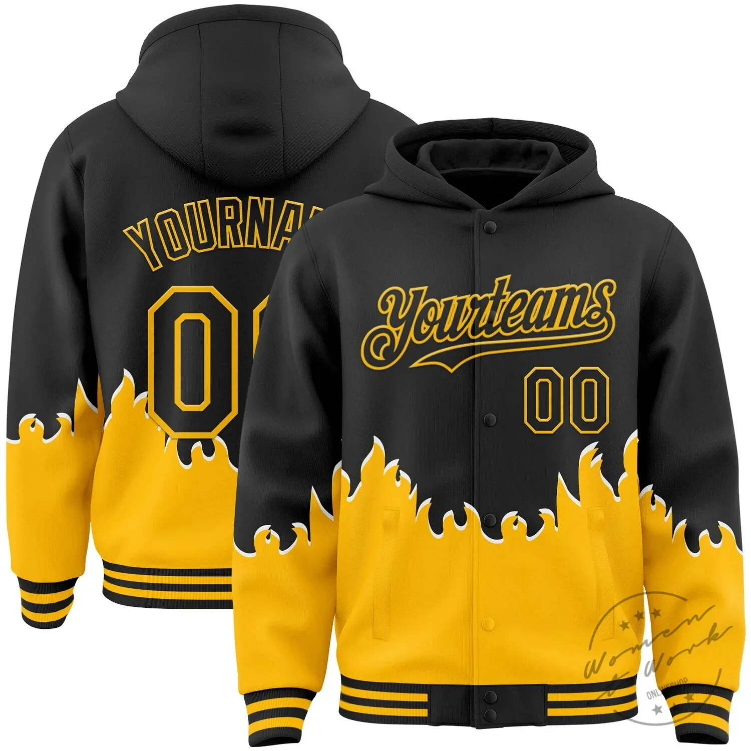Custom Black Gold Fire Flame Bomber Full-Snap Varsity Letterman Hoodie Jacket