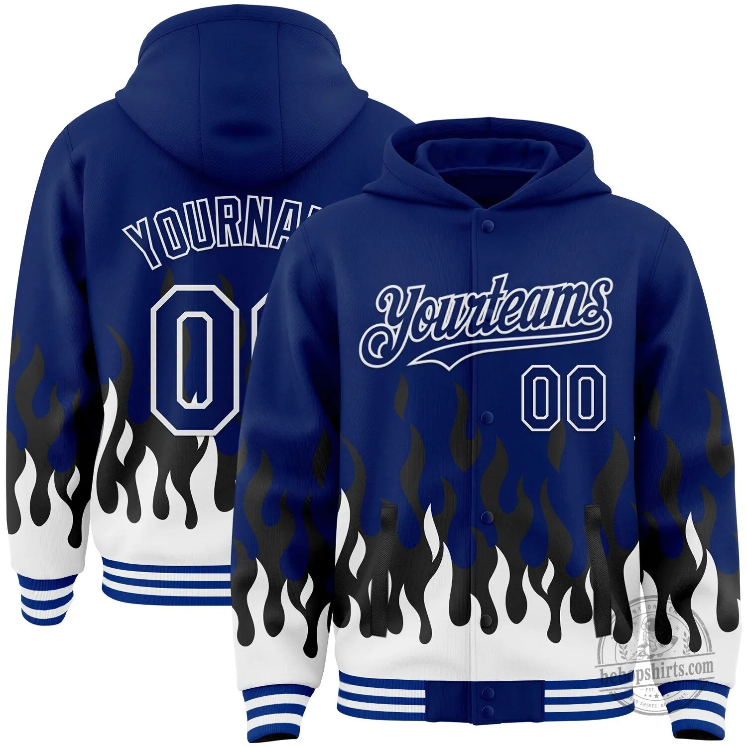 Custom Royal Blue Black White Fire Flame Bomber Full-Snap Varsity Hoodie Jacket