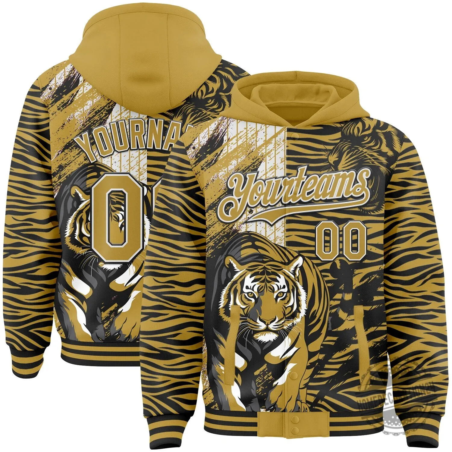 Tiger Stripe Print Bomber Full-Snap Varsity Letterman Hoodie Jacket