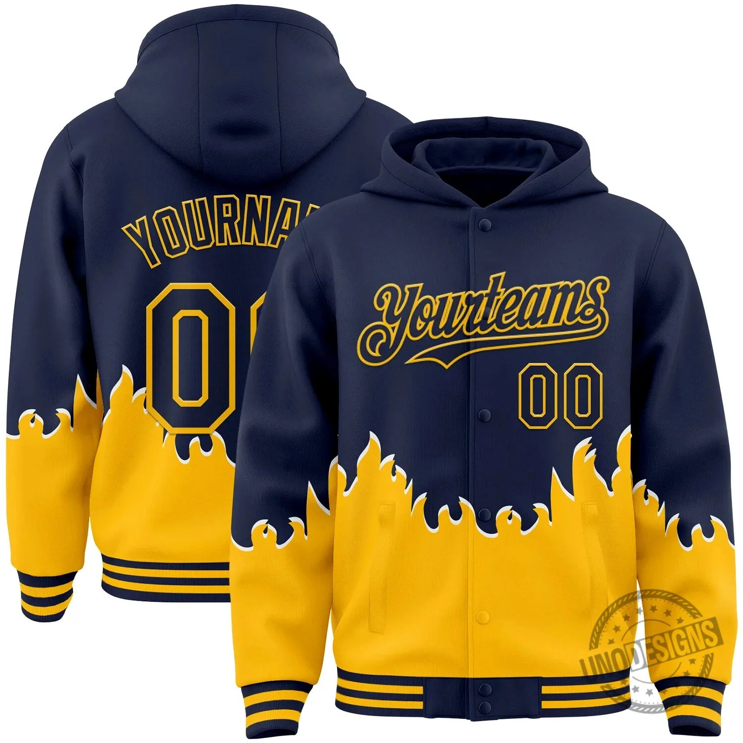 Custom Navy Blue Gold Flame Bomber Varsity Letterman Hoodie Jacket