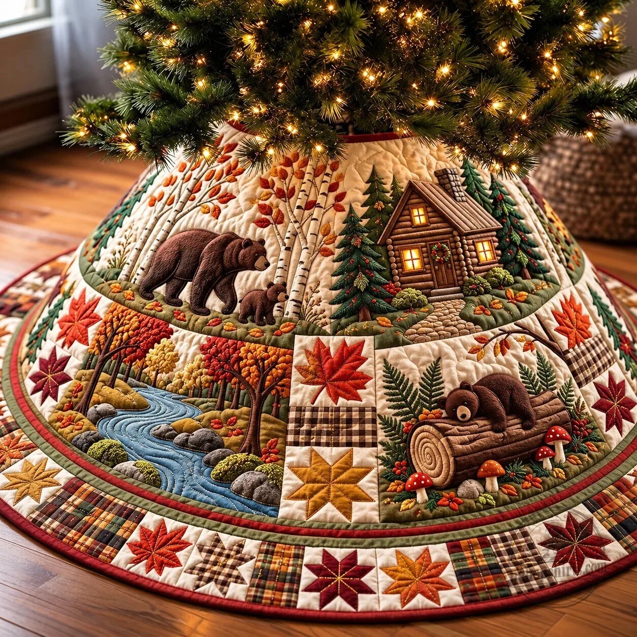 Woodland Cabin Bear Family Autumn Forest Quilted Christmas Tree Skirt