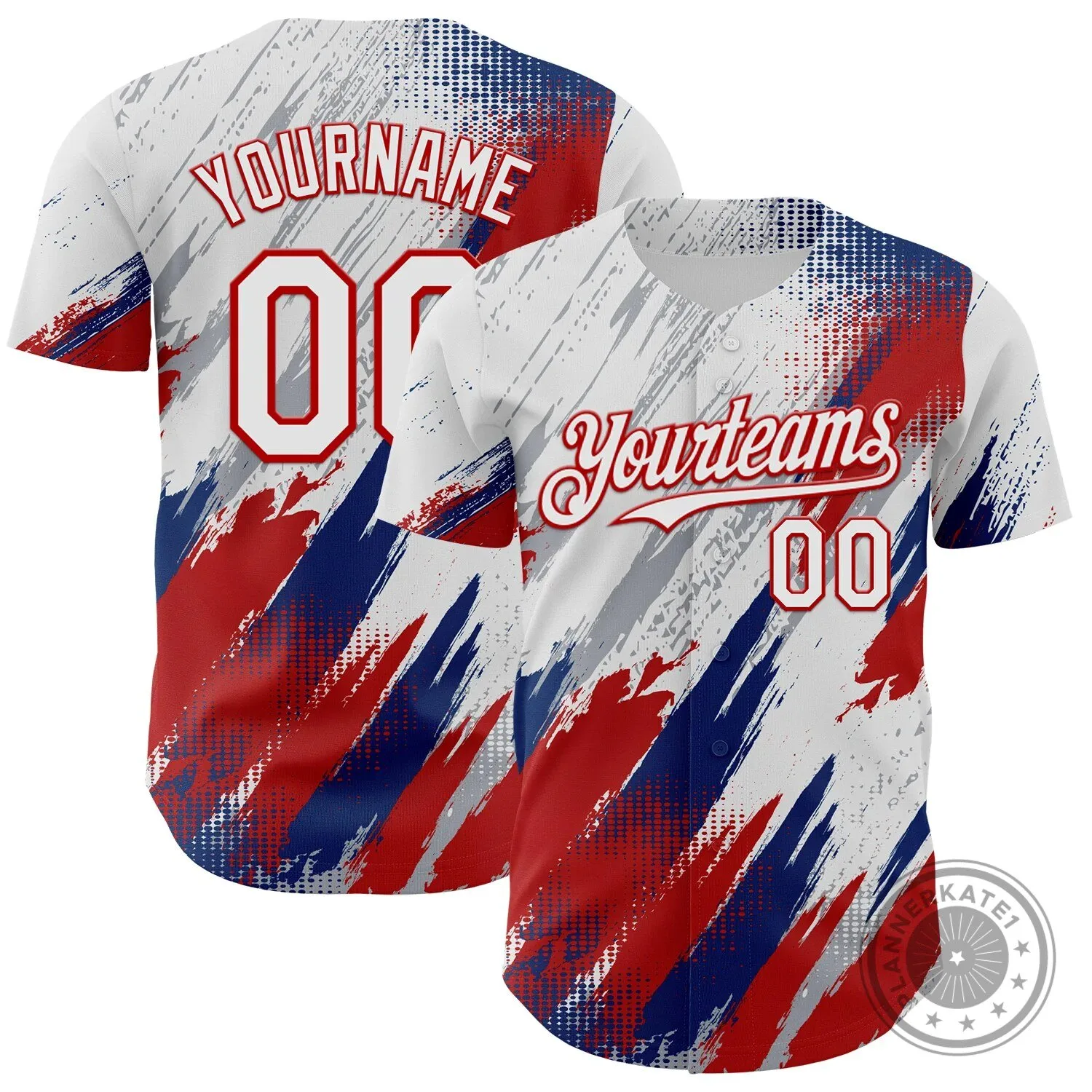 Custom White Red Blue Diagonal Grunge Brush Stroke Halftone Baseball Jersey