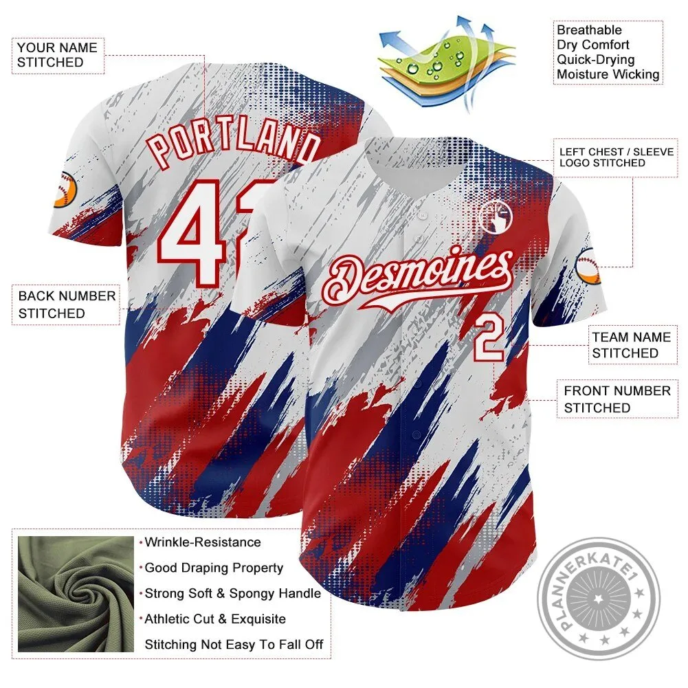 Custom White Red Blue Diagonal Grunge Brush Stroke Halftone Baseball Jersey 7 Custom White Red Blue Diagonal Grunge Brush Stroke Halftone Baseball Jersey