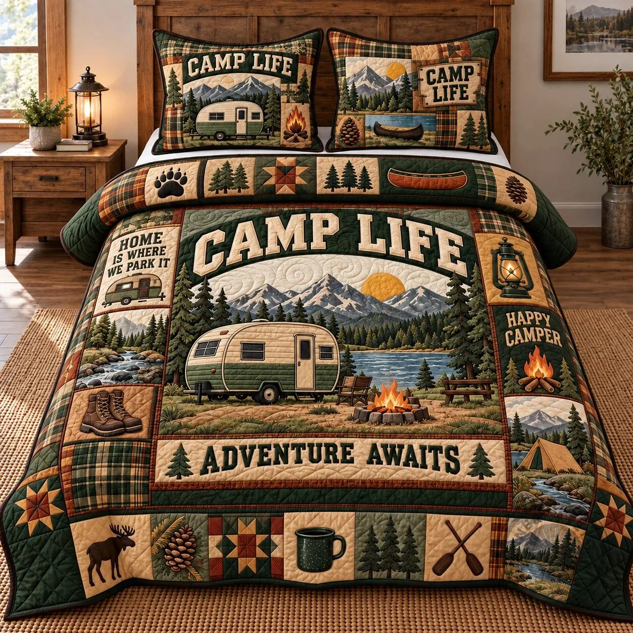 Camping Camp Life Rustic Patchwork Quilted Bedding Set with Pillow Shams