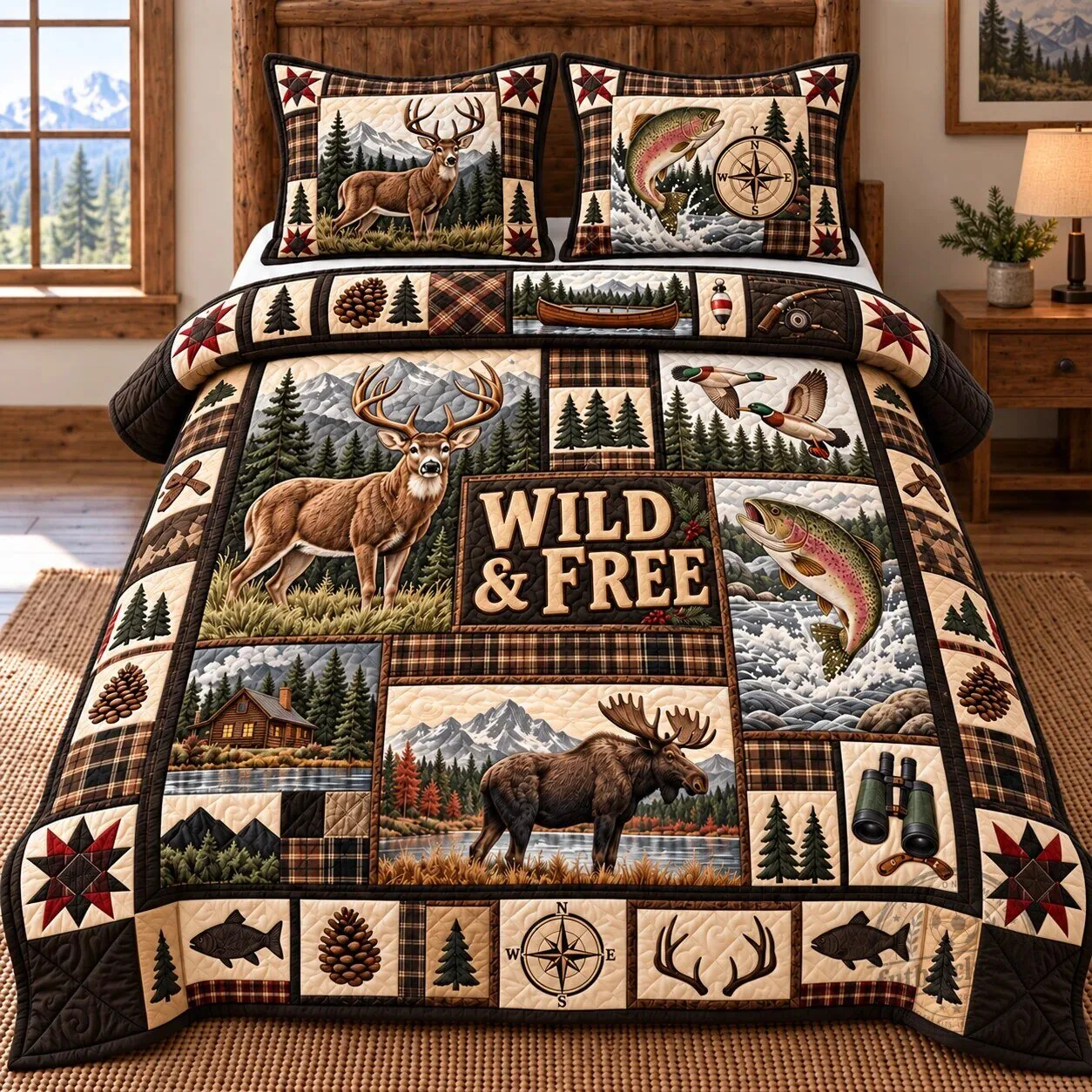 Wild And Free Hunting Fishing Patchwork Quilted Bedding Set With Pillow Shams