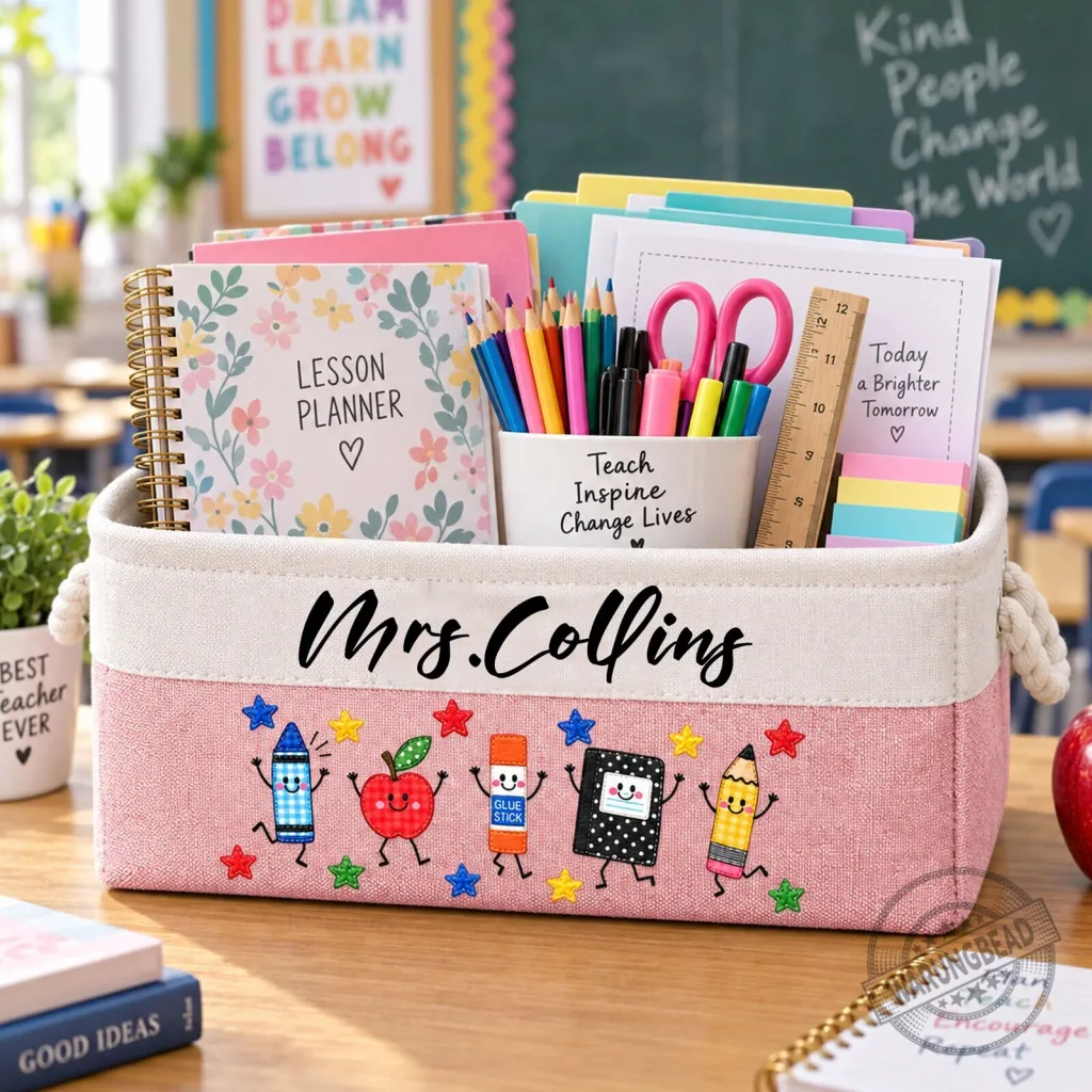 Personalized Teacher Life Faux Patchwork School Supplies Storage Basket Personalized Teacher Life Faux Patchwork School Supplies Storage Basket