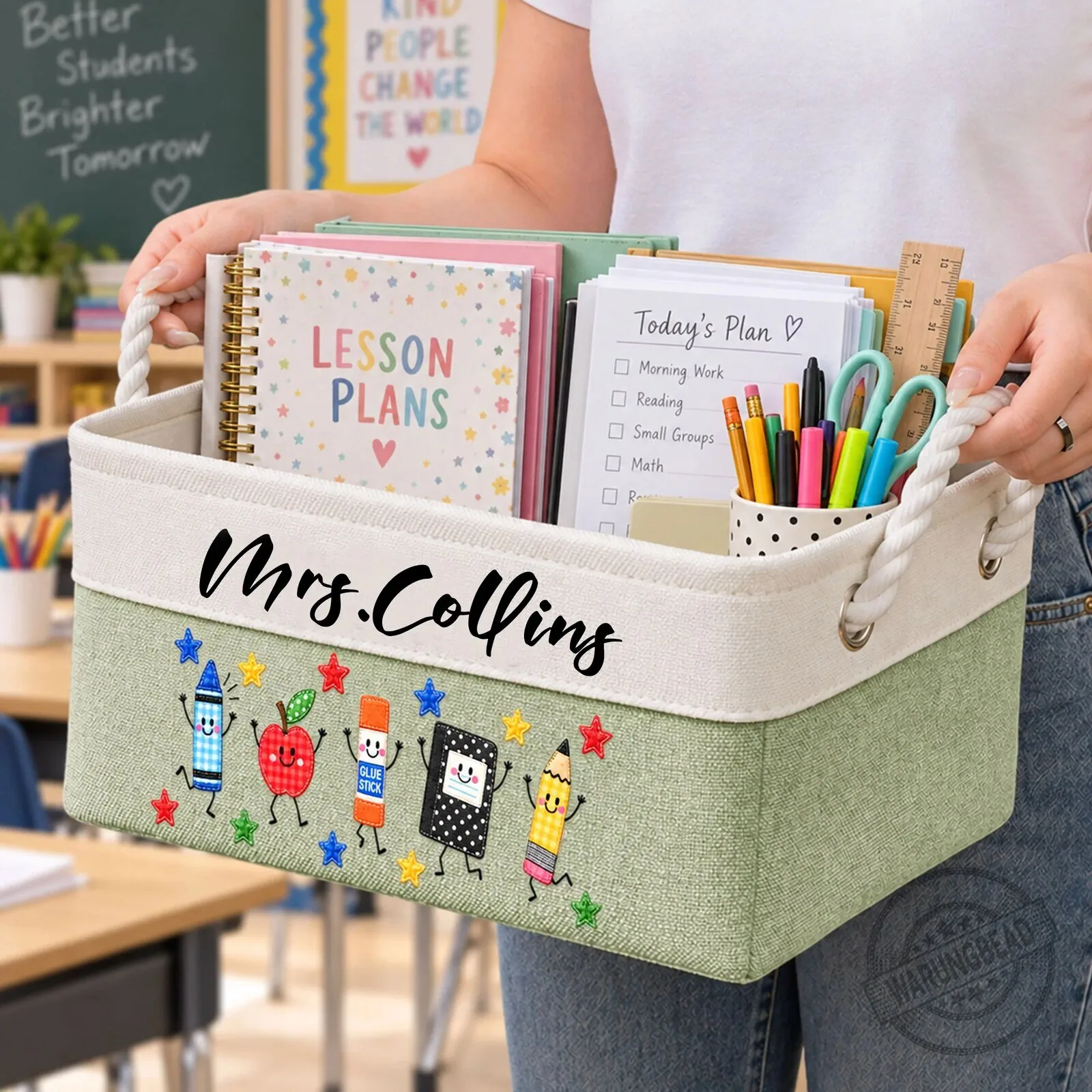 Personalized Teacher Life Faux Patchwork School Supplies Storage Basket 6 Personalized Teacher Life Faux Patchwork School Supplies Storage Basket