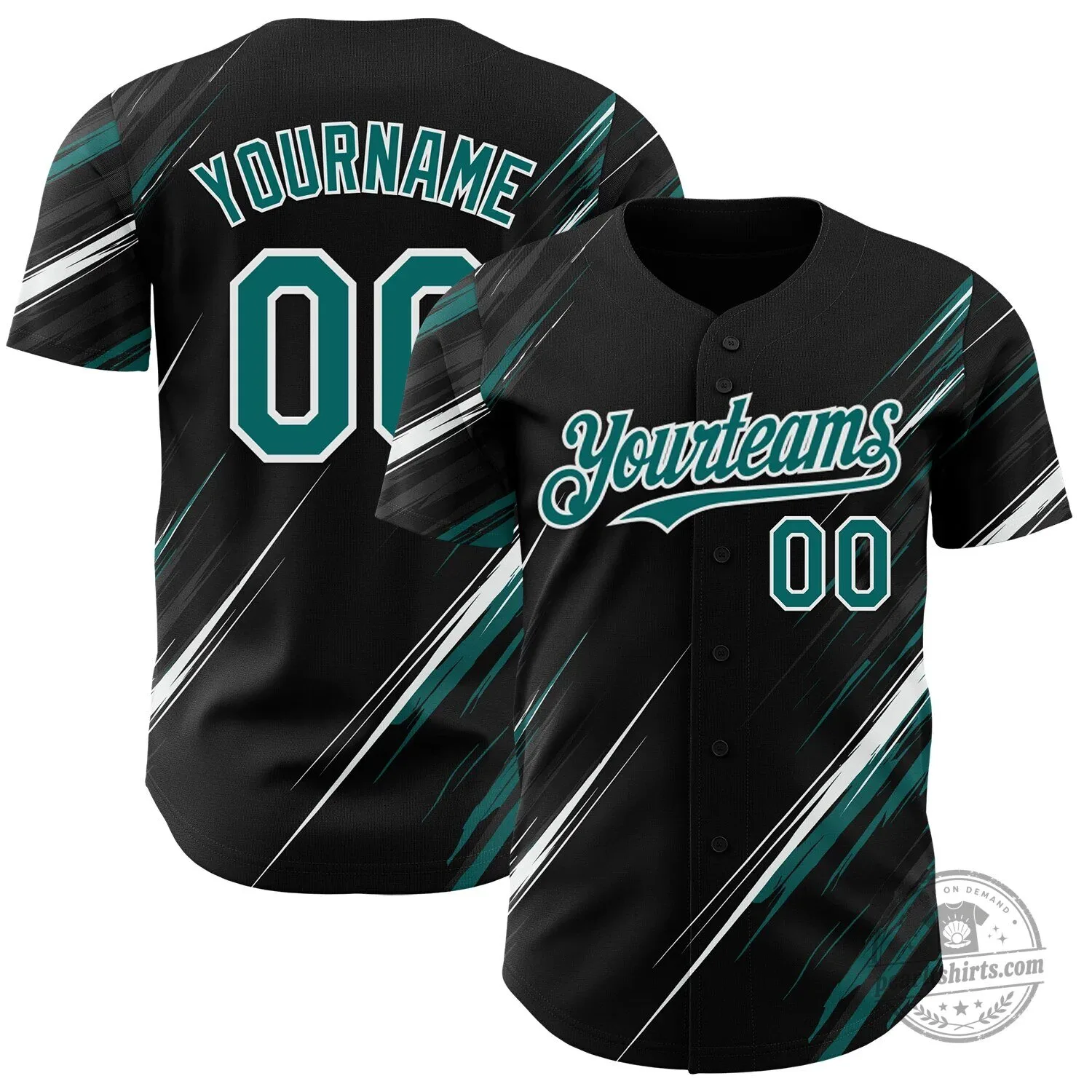 Custom Black Teal White Diagonal Scratch Brush Stroke Authentic Baseball Jersey