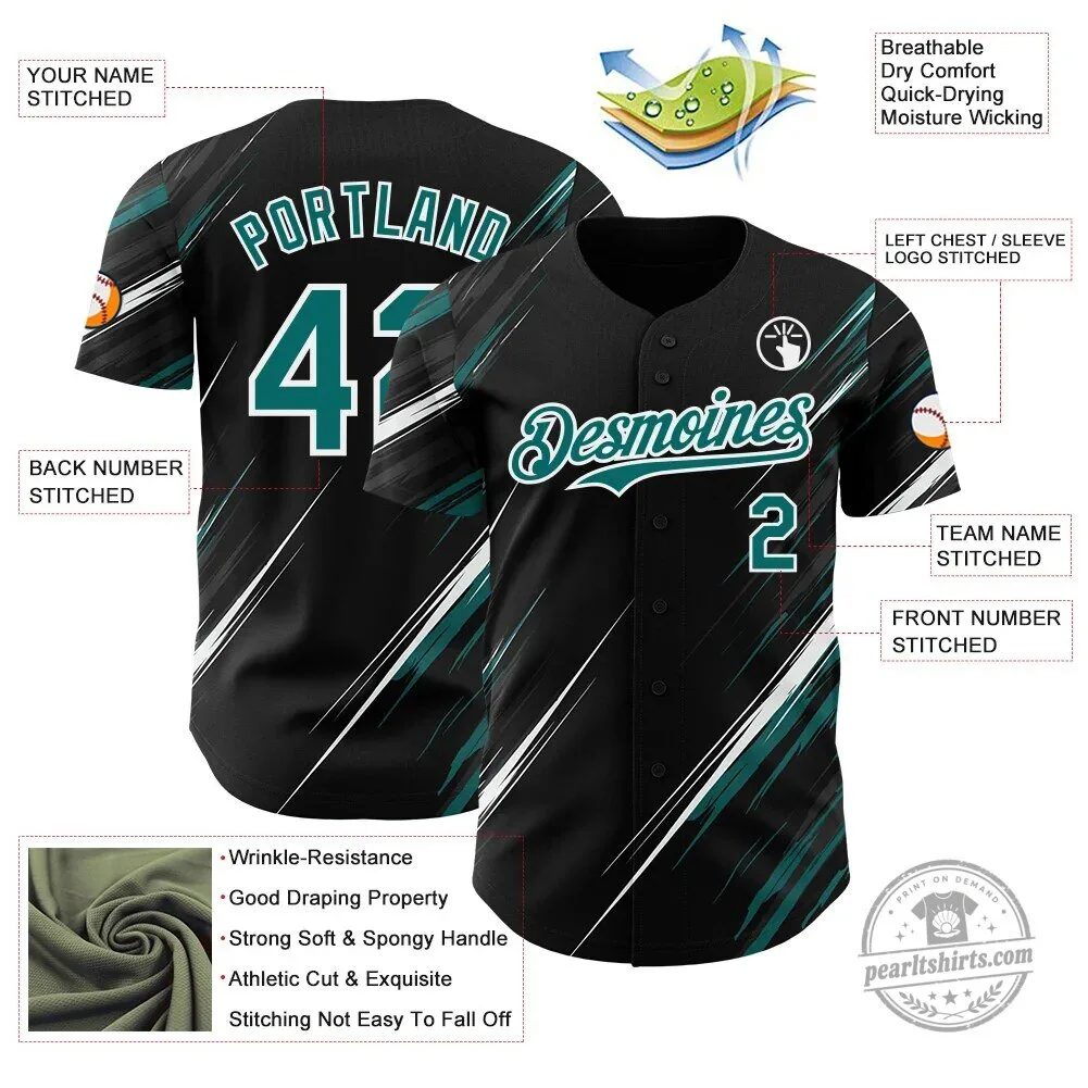 Custom Black Teal White Diagonal Scratch Brush Stroke Authentic Baseball Jersey 7 Custom Black Teal White Diagonal Scratch Brush Stroke Authentic Baseball Jersey
