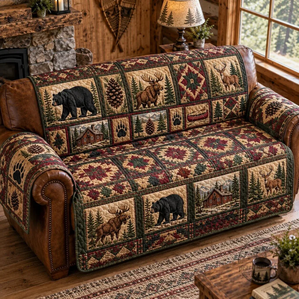 Rustic Woodland Bear Moose Cabin Pinecone Quilted Sofa Cover Protector Rustic Woodland Bear Moose Cabin Pinecone Quilted Sofa Cover Protector
