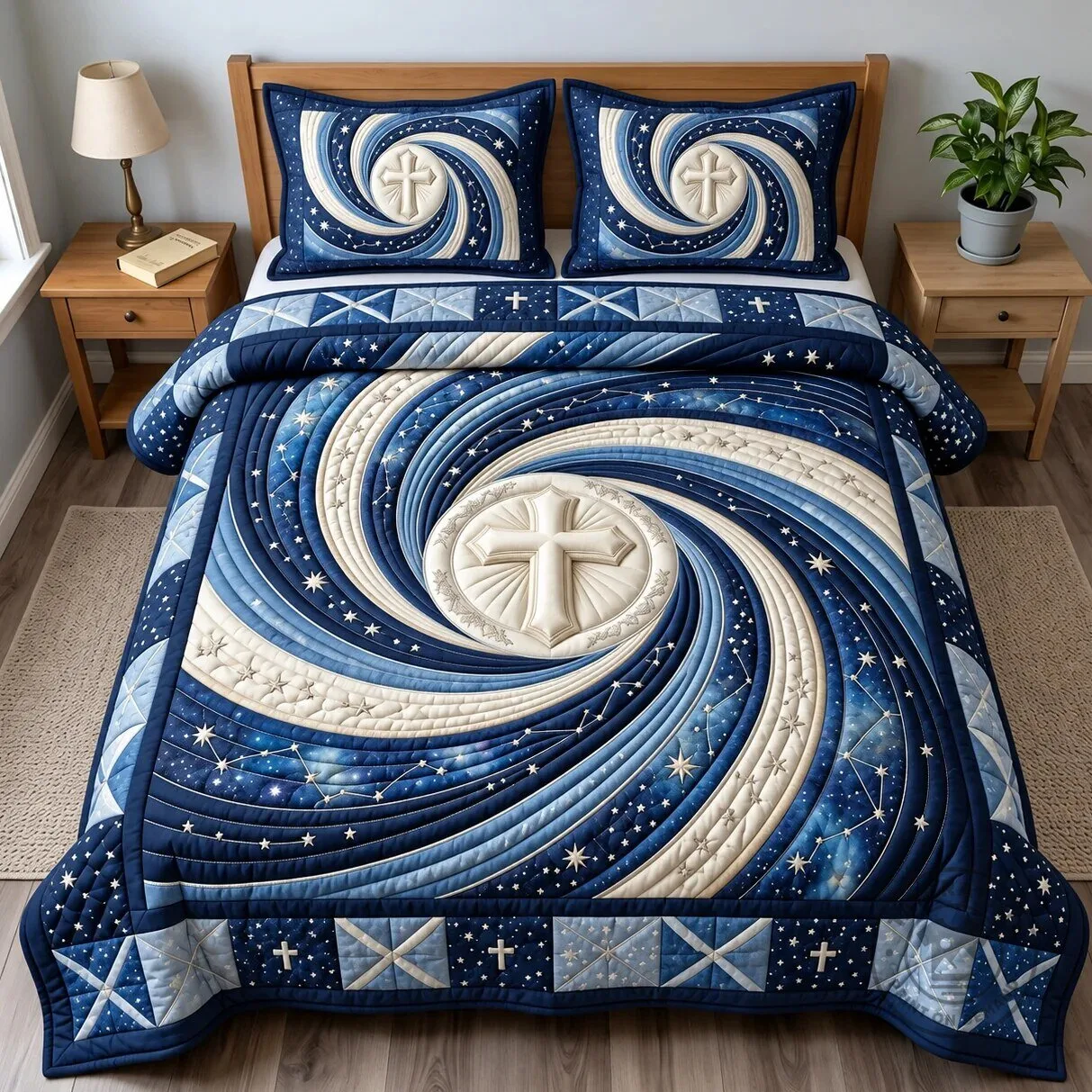 Celestial Promise Christian Cross Swirl Pattern Quilted Bedding Set