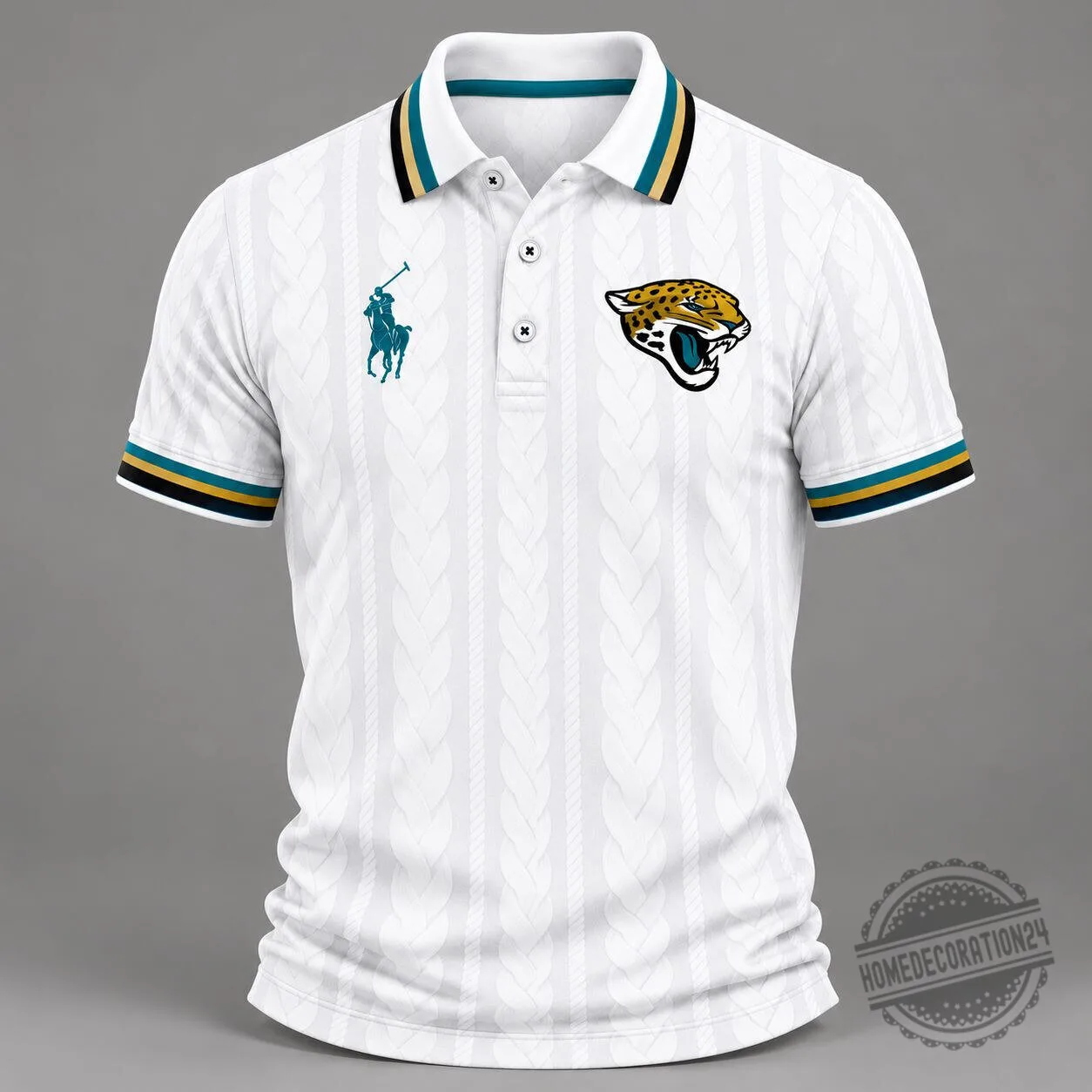 Jacksonville Jaguars NFL Football Team White Polo Shirt with Cable Knit Pattern