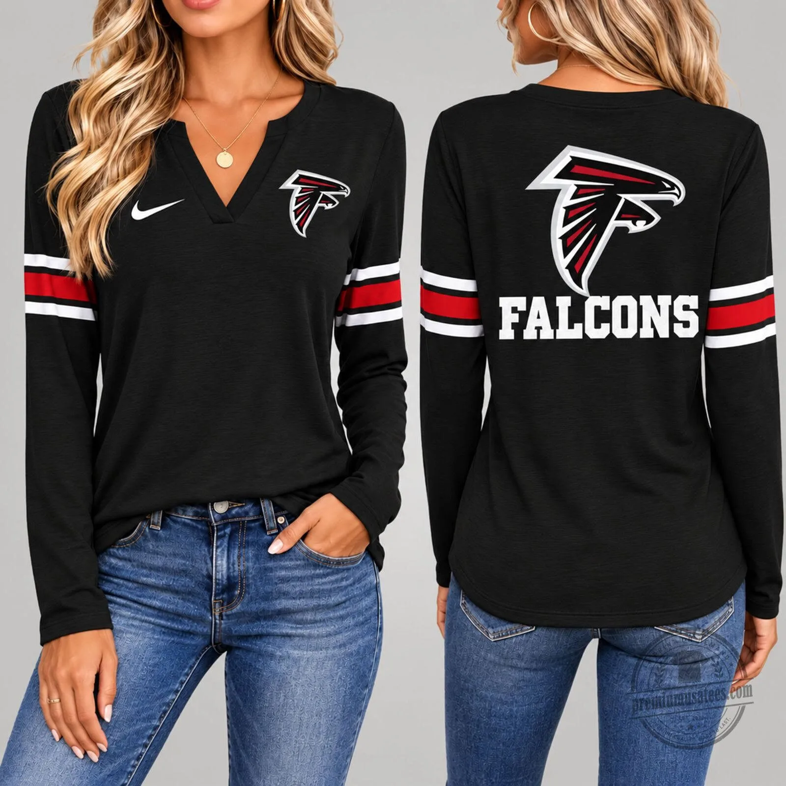Atlanta Falcons National Football League Women's Black Long Sleeve V-Neck Shirt