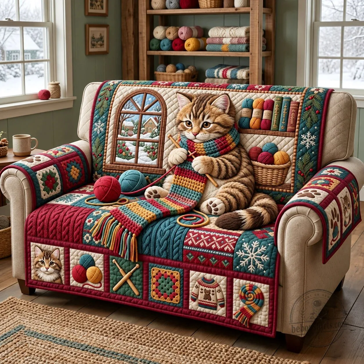 Knitting Kitten Quilted Sofa Cover for Living Room Couch and Loveseat Protector