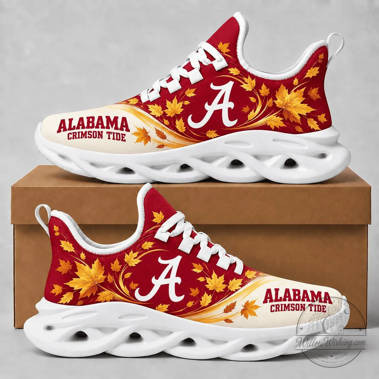 Alabama Crimson Tide Fall Maple Leaves Pattern Chunky Sneakers Shoes