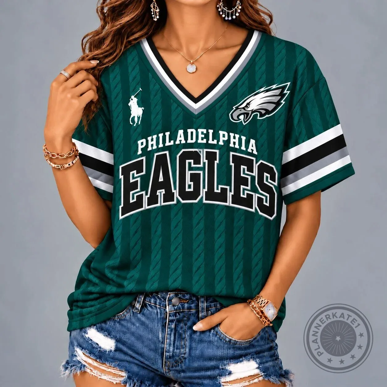 Philadelphia Eagles NFL Football Team Vintage Striped V-Neck Jersey