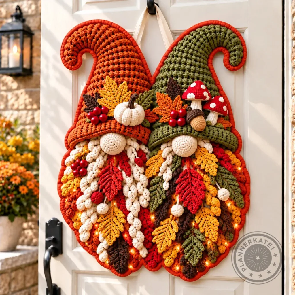 Autumn Gnomes Fall Leaves and Mushrooms Crochet Door Hanger Decoration Autumn Gnomes Fall Leaves and Mushrooms Crochet Door Hanger Decoration