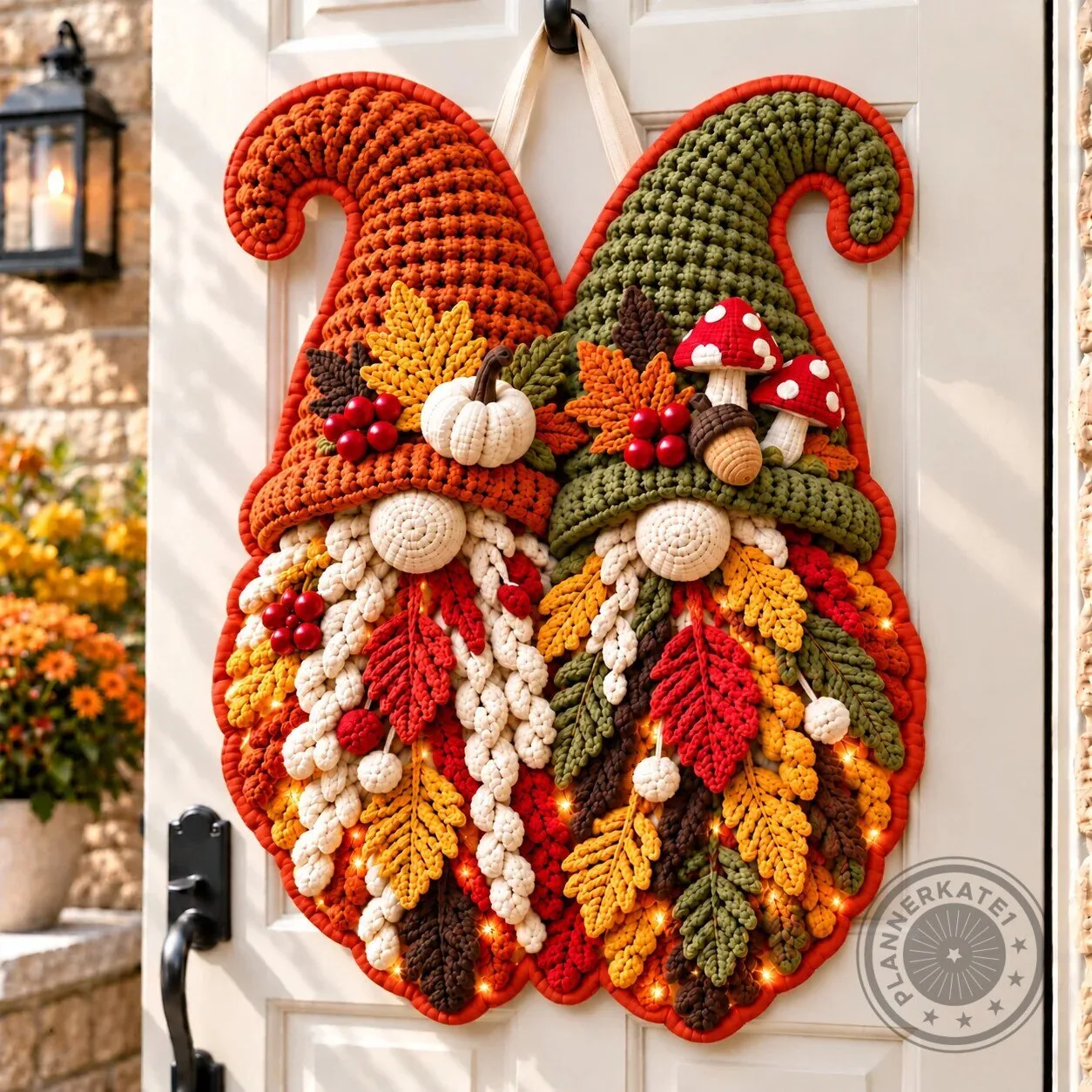 Autumn Gnomes Fall Leaves and Mushrooms Crochet Door Hanger Decoration
