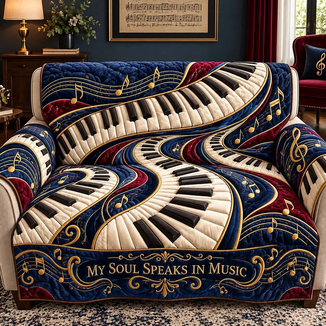 My Soul Speaks In Music Piano Keyboard Quilted Sofa Cover Protector