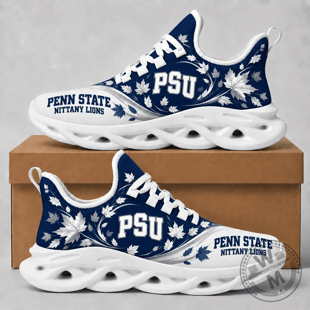 Penn State Nittany Lions Fall Maple Leaves White and Blue Athletic Shoes