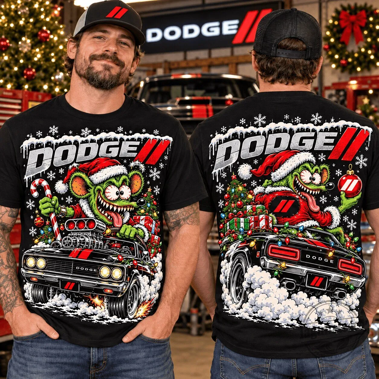 Dodge Christmas Muscle Car Cartoon Graphic Black T-Shirt