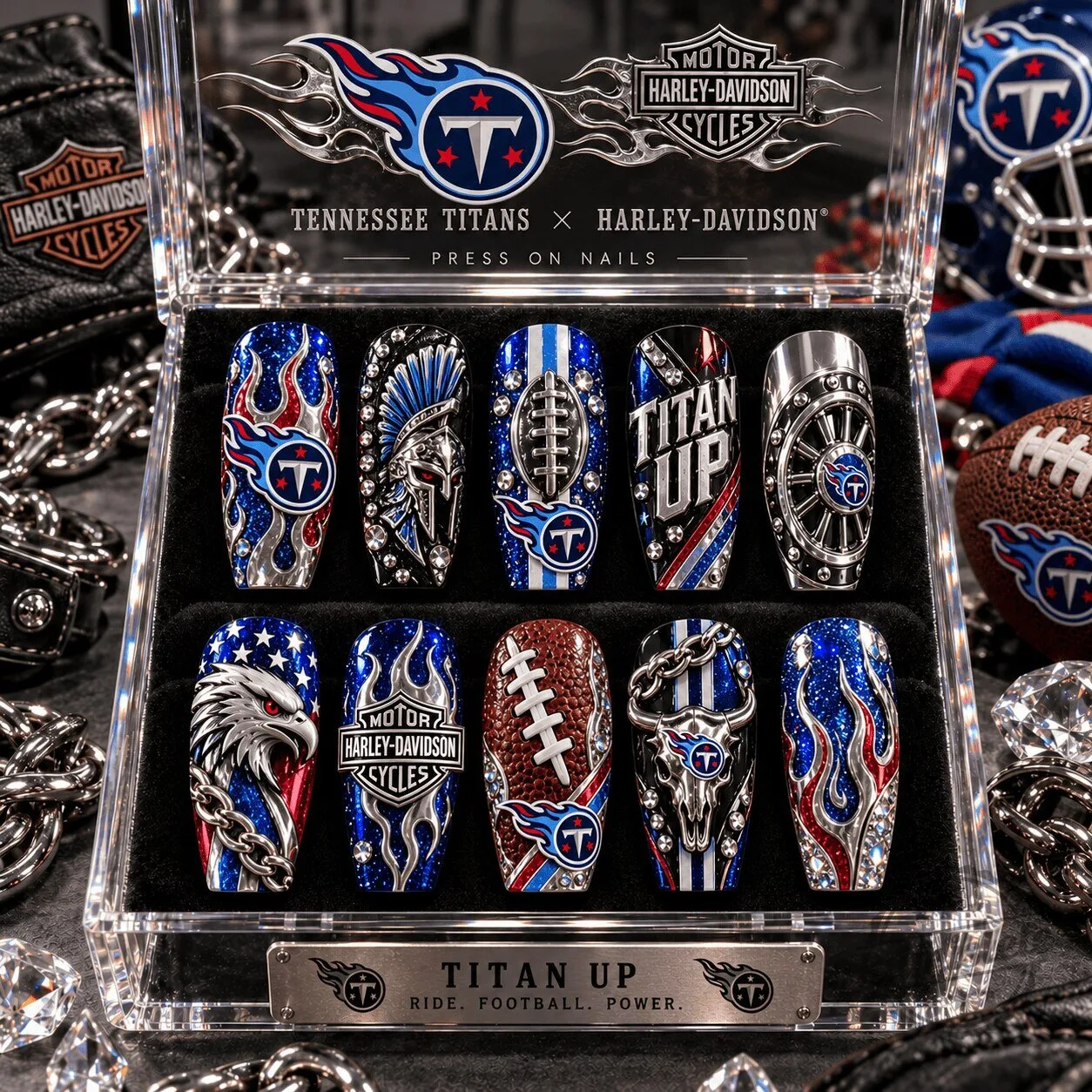 Tennessee Titans Football Harley-Davidson Flame Press-On Nails Set